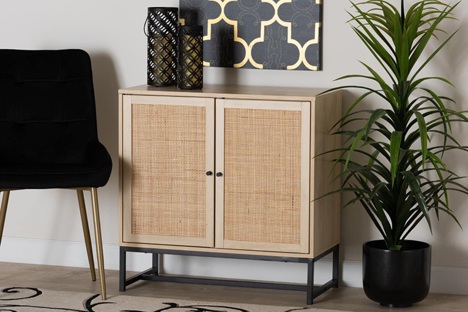 Baxton Studio Caterina Brown Wood and Natural Rattan 2-Door Storage Cabinet