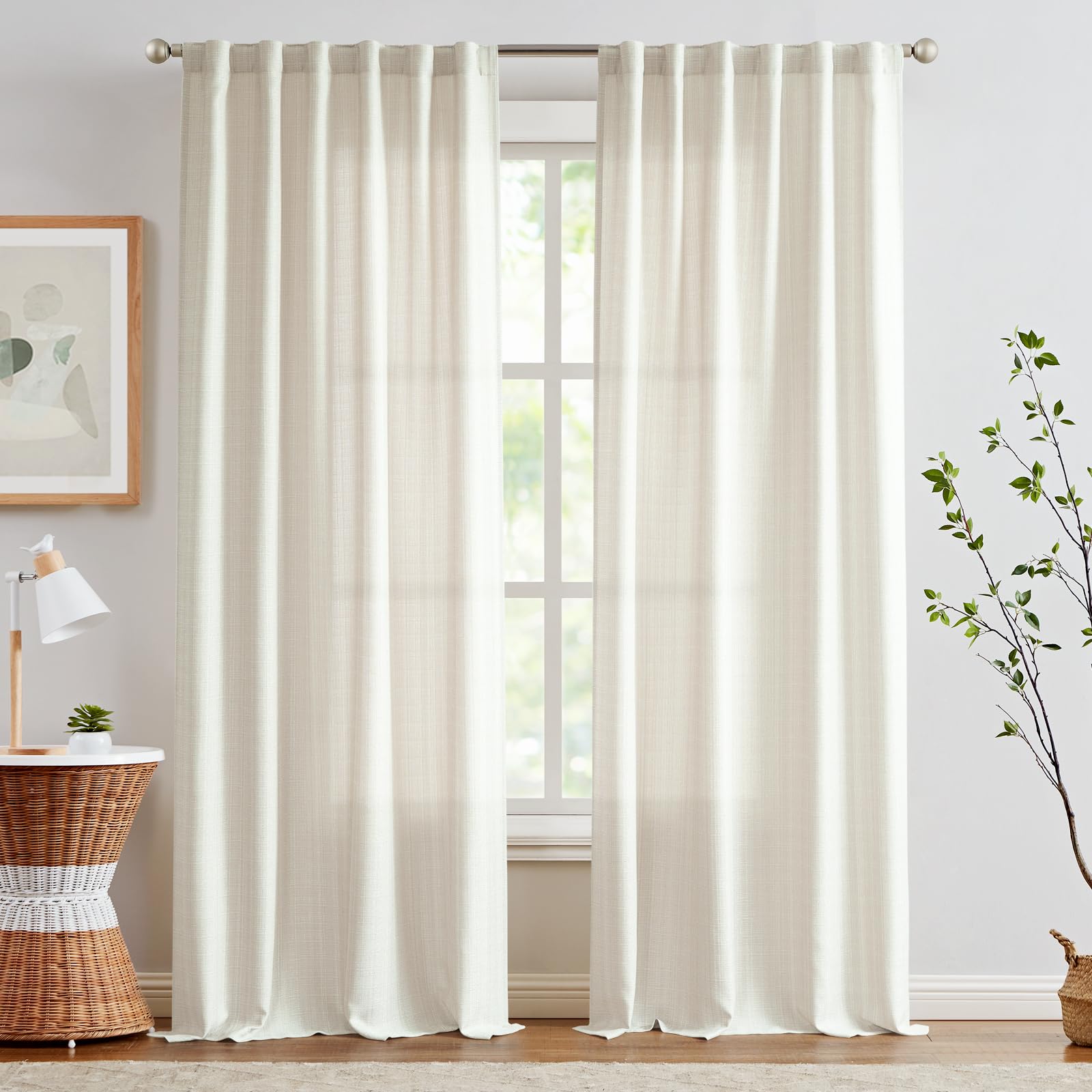 Jinchan Linen Textured Curtains 96 Inch Long Farmhouse Curtains For Living Room Bedroom Casual Weave Back Tab Drapes Light Filte