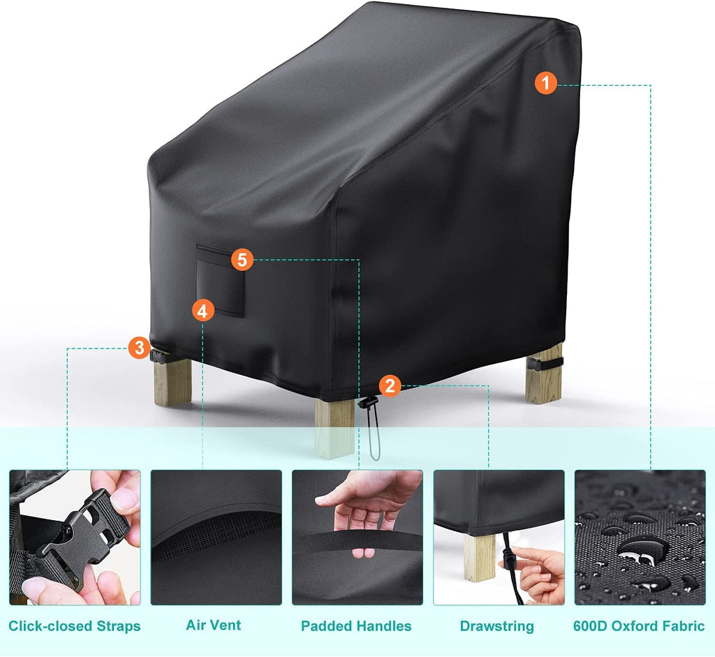 Brosyda Patio Chair Covers For Outdoor Furniture Waterproof 2 Pack, Lawn Chair Covers Heavy Duty Patio Furniture Covers, Large Covers For Lounge Lawn Deep Seat Black 36'W×34'D×32'H