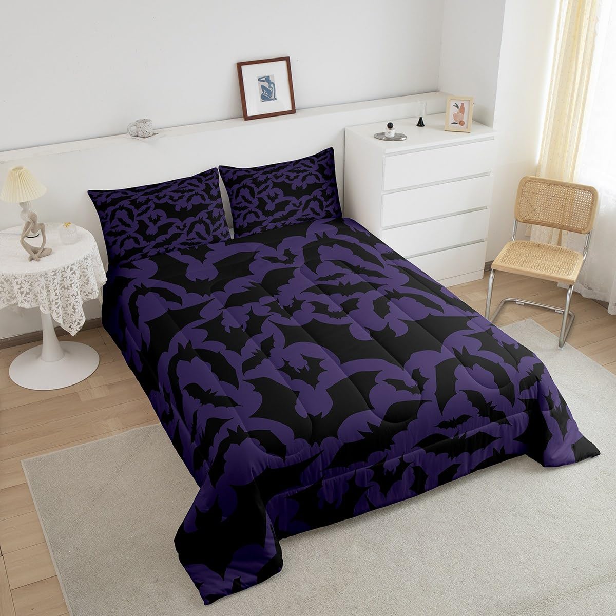 Castle Fairy Halloween Themed Comforter Set Full Size,Black Bats Animal Print Bedding Comforters Room Decor,Dark Purple Color Qu