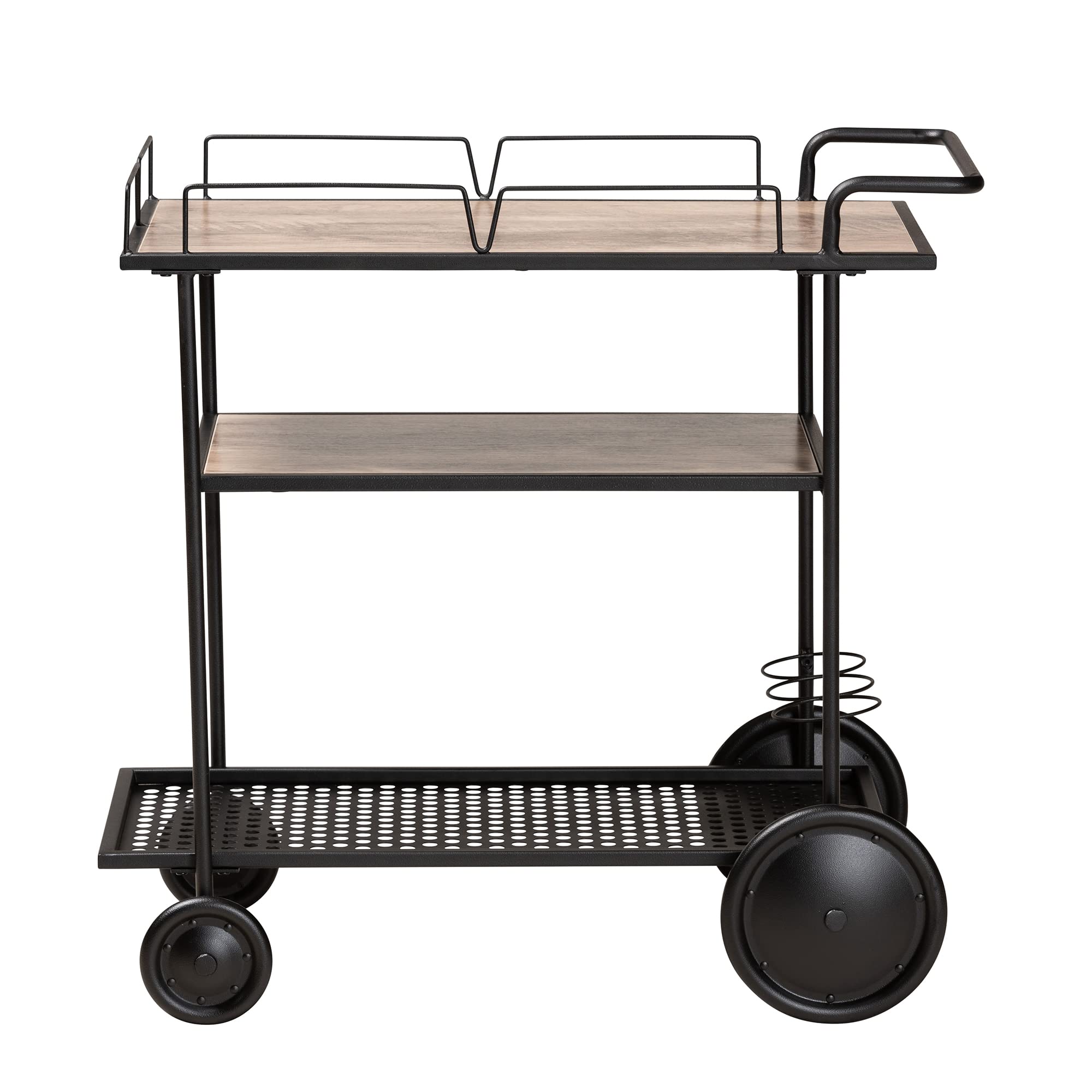 Baxton Studio Huntley Modern Industrial Walnut Brown Finished Wood and Black Metal Mobile Wine Cart