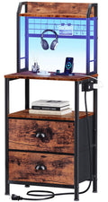 Furologee Tall Nightstand with Charging Station & LED Lights, 41 Bedside Table with 2 Drawers & Pegboard, White Night Stand wi