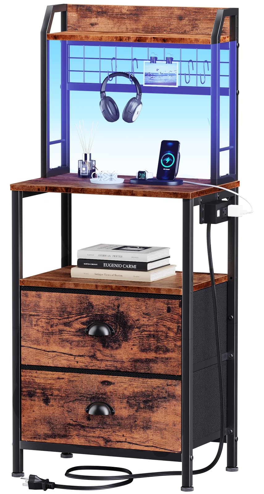 Furologee Tall Nightstand with Charging Station & LED Lights, 41 Bedside Table with 2 Drawers & Pegboard, White Night Stand wi