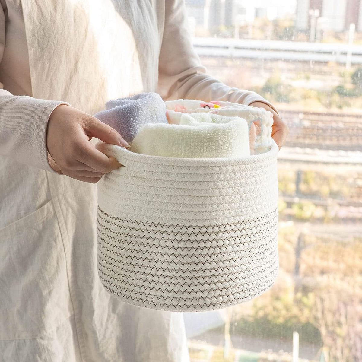 Aliza Hand Woven Jute Rope Storage Basket, Laundry Basket Organizer for Toys, Clothes, Towels, Gifts Plant Pot Cover Storage Buc