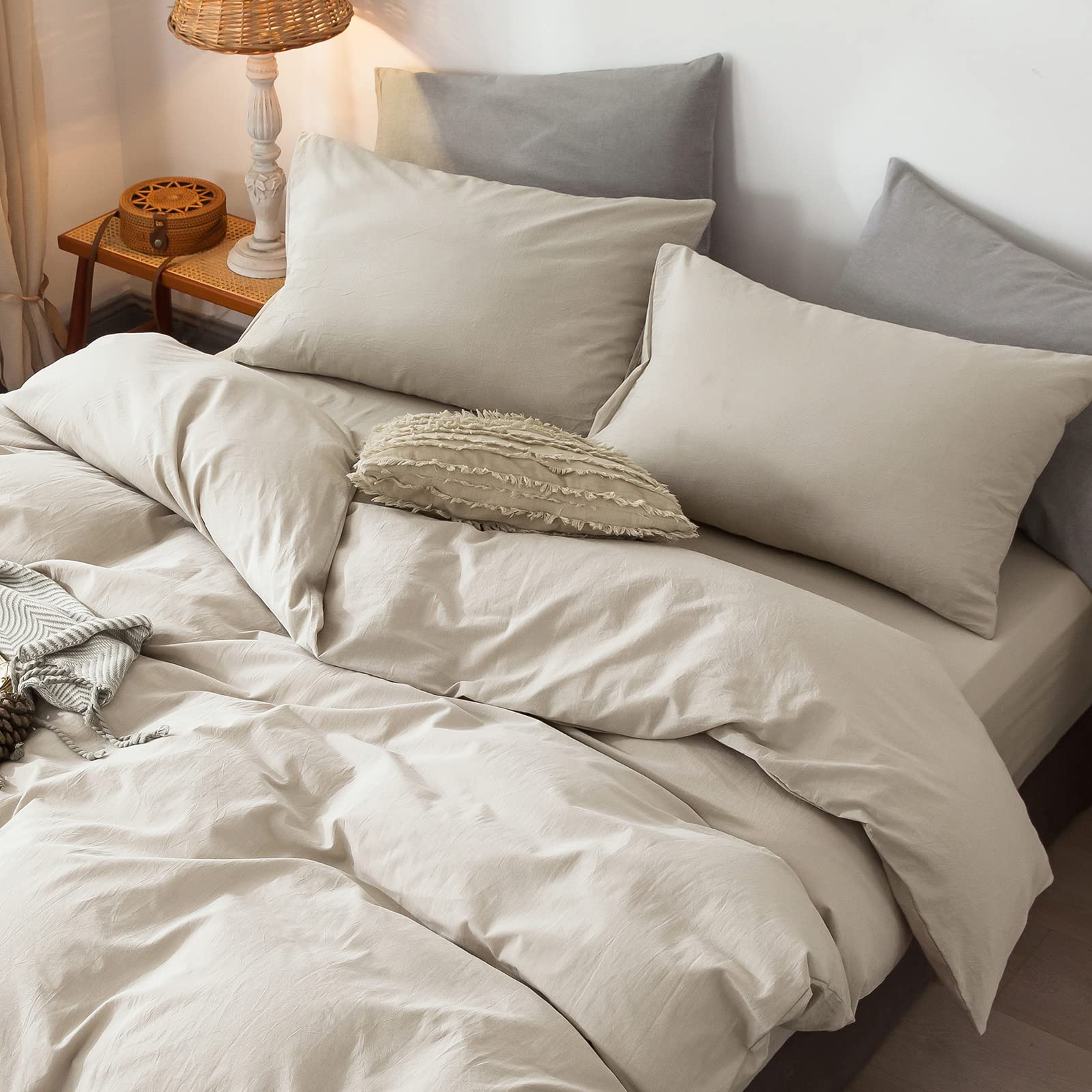 Moomee Bedding Pillowcases Pack Of 2 100% Washed Cotton Linen Like Textured Breathable Durable Soft Comfy (Cream Grey, Standard)