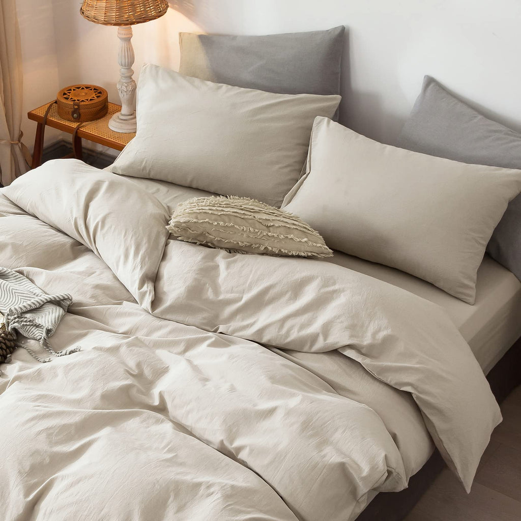 Moomee Bedding Pillowcases Pack Of 2 100% Washed Cotton Linen Like Textured Breathable Durable Soft Comfy (Cream Grey, Standard)