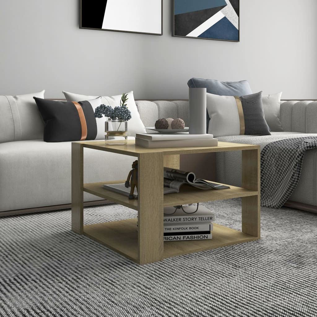 vidaXL Engineered Wood Coffee Table with Storage Shelf, Sonoma Oak Finish, Modern Scandinavian Style, Square Design, 23.6x23.6x15.7