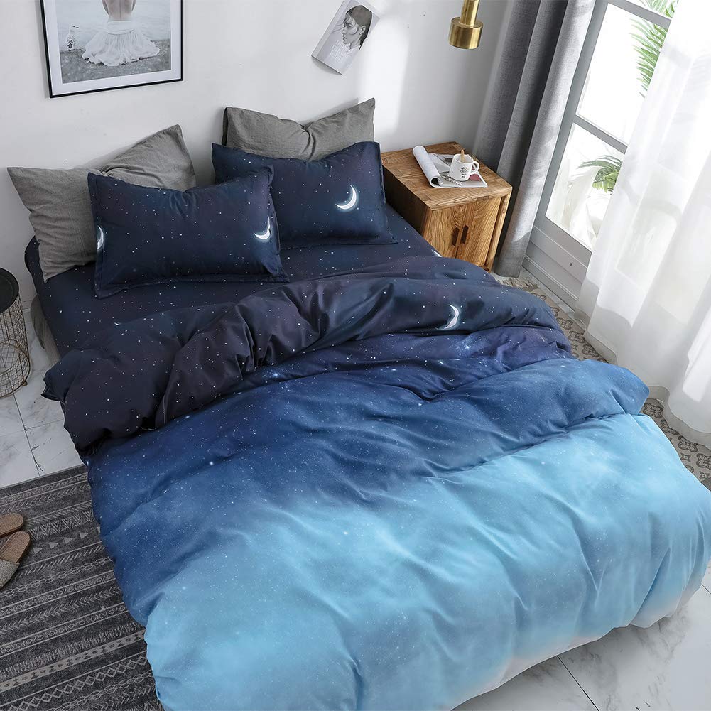 Hyprest Duvet Cover Queen Size, 3 Pcs Star Moon Galaxy Patterned Duvet Cover Set Kawaii Cute Bedding Sets Queen Soft Breathable