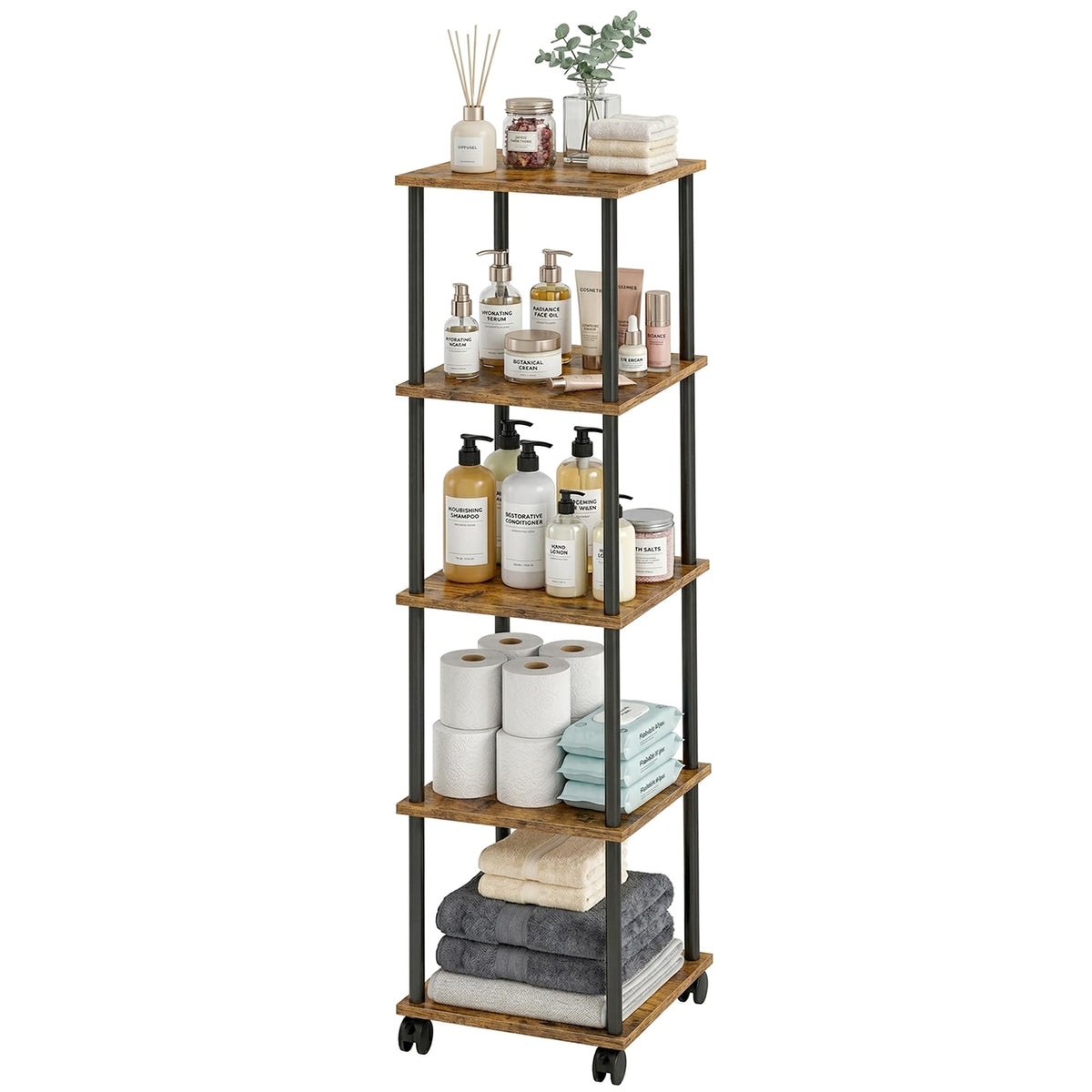 FONHAYE 5Tier 50.4 Tall Rustic Brown Bathroom Shelving Unit with Wheels