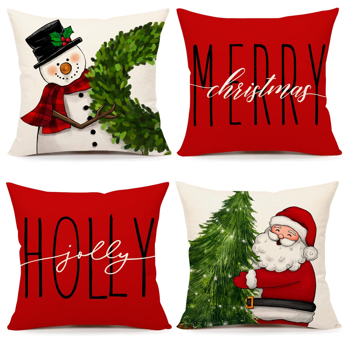 Red Christmas Pillow Covers 18X18 Set Of 4 Farmhouse Christmas Decorations Snowman Wreath Santa Claus Tree Merry Christmas Holly