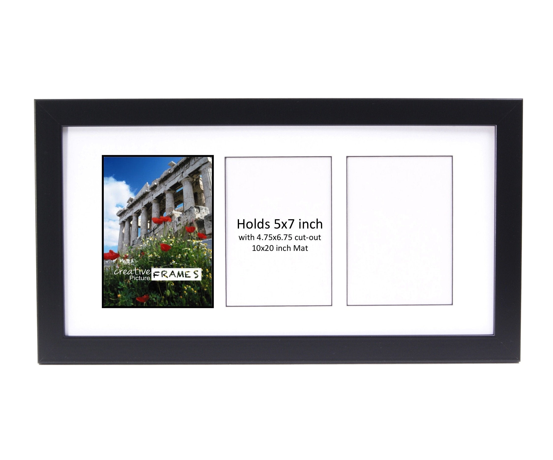 CreativePF- 3 Opening Glass Face Black Picture Frame to hold 5 by 7 inch Photographs including 10x20-inch White Mat Collage