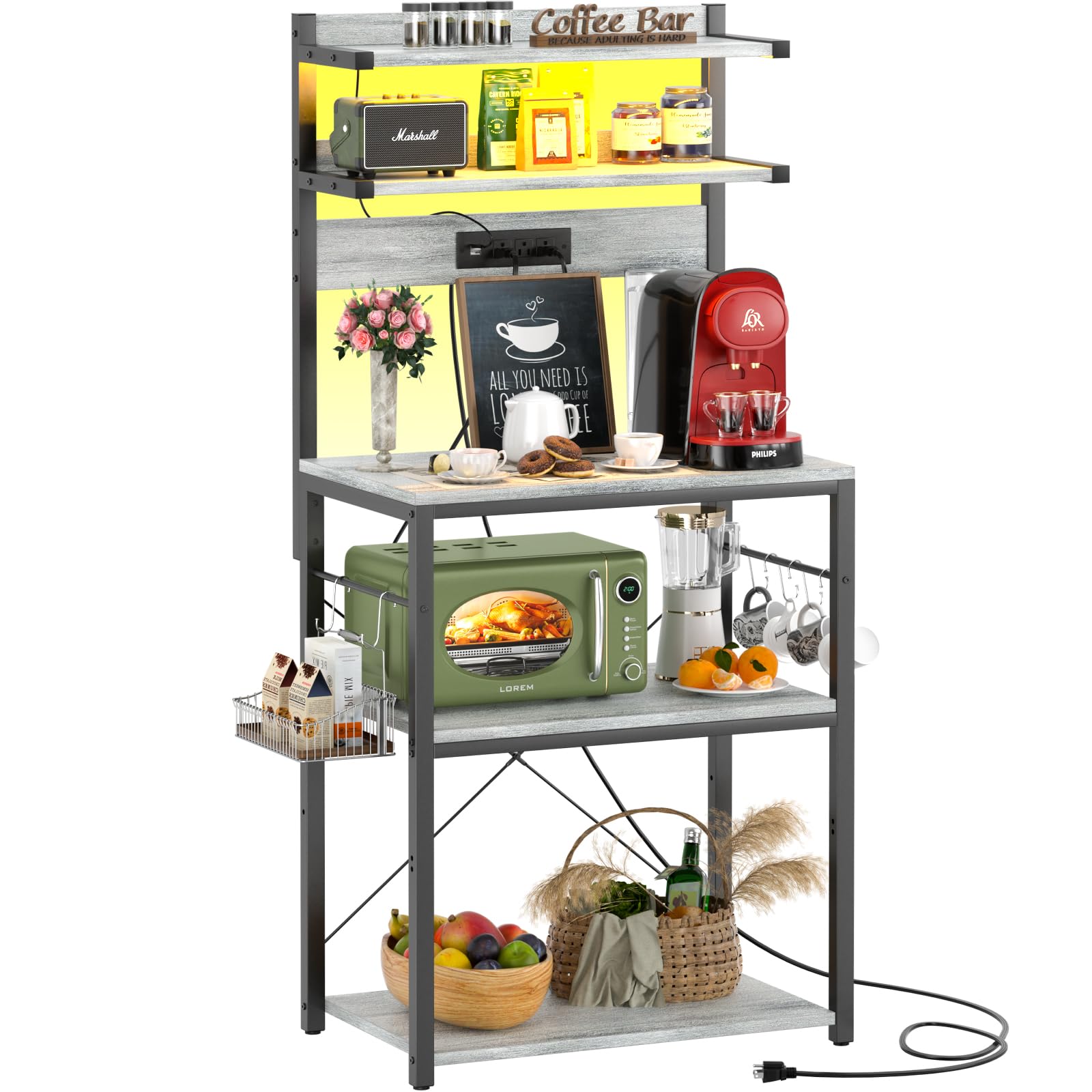 Aheaplus Bakers Rack with Power Outlet, Microwave Stand, 5 Tiers Coffee Bar Station with Led Lights, Kitchen Storage Shelf with 