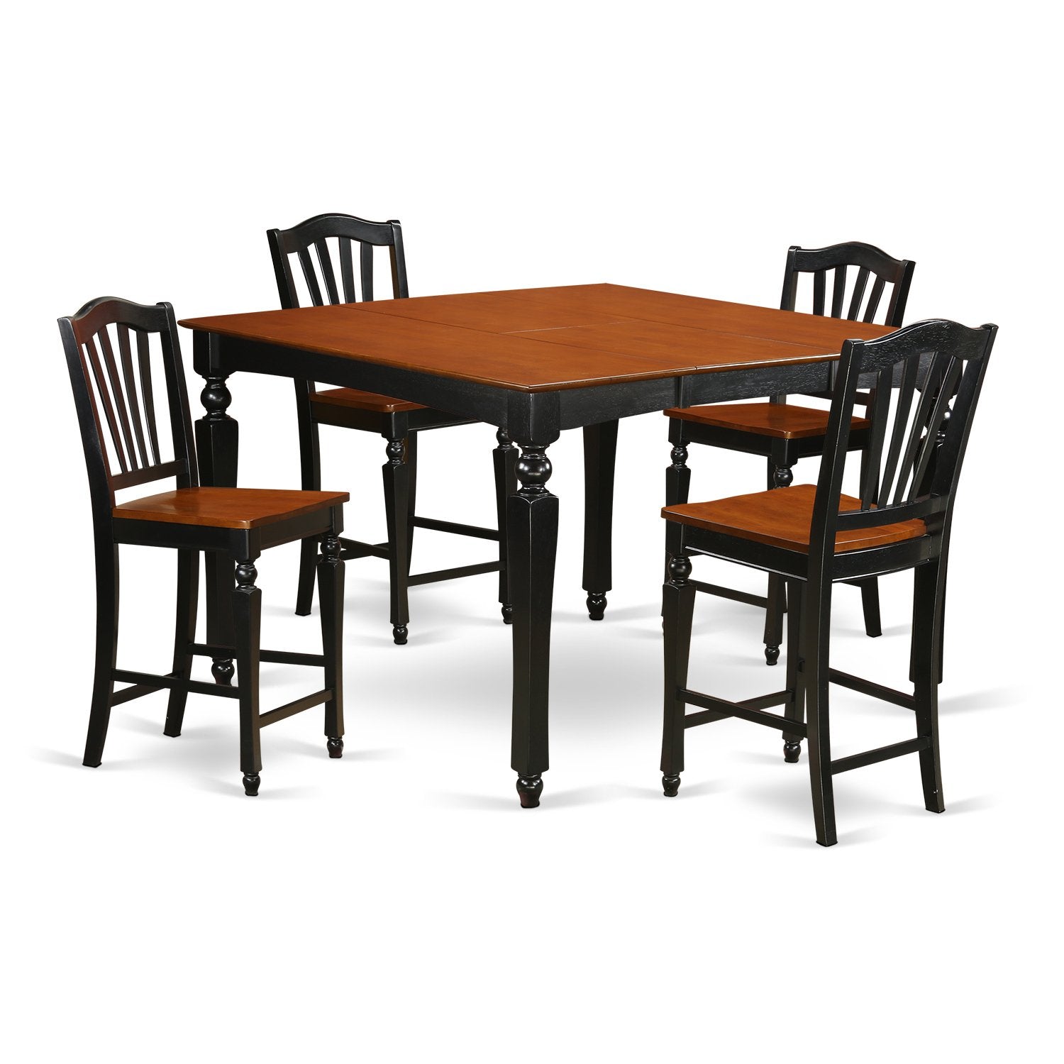 East West Furniture CHEL5-BLK-W Chelsea 5 Piece Counter Height Set Includes a Square Kitchen Table with Butterfly Leaf and 4 Dining Chairs, 54x54 Inch