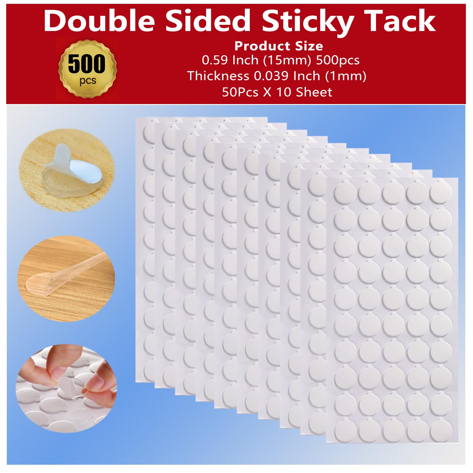 Rn Ru  Nice Double Sided Clear Sticky (500Pcs 0.59In) Adhesive Dots Removable Glue Point Dots, Round Sticky Tack Adhesive Poster