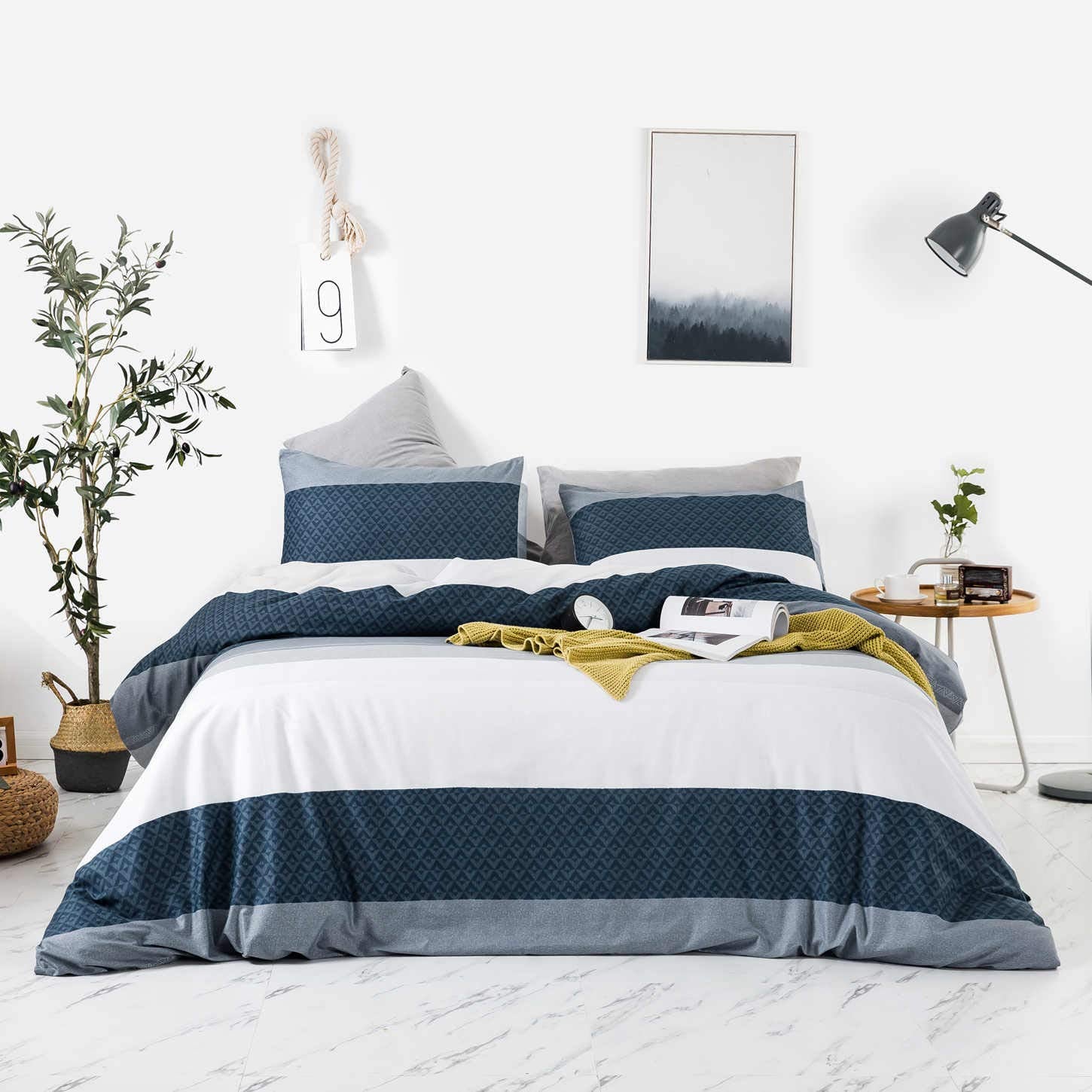 Susybao Navy Stripe Duvet Cover King 100% Cotton Blue White Striped Duvet Cover 3 Pcs Set 1 Navy Blue Geometric Duvet Cover With