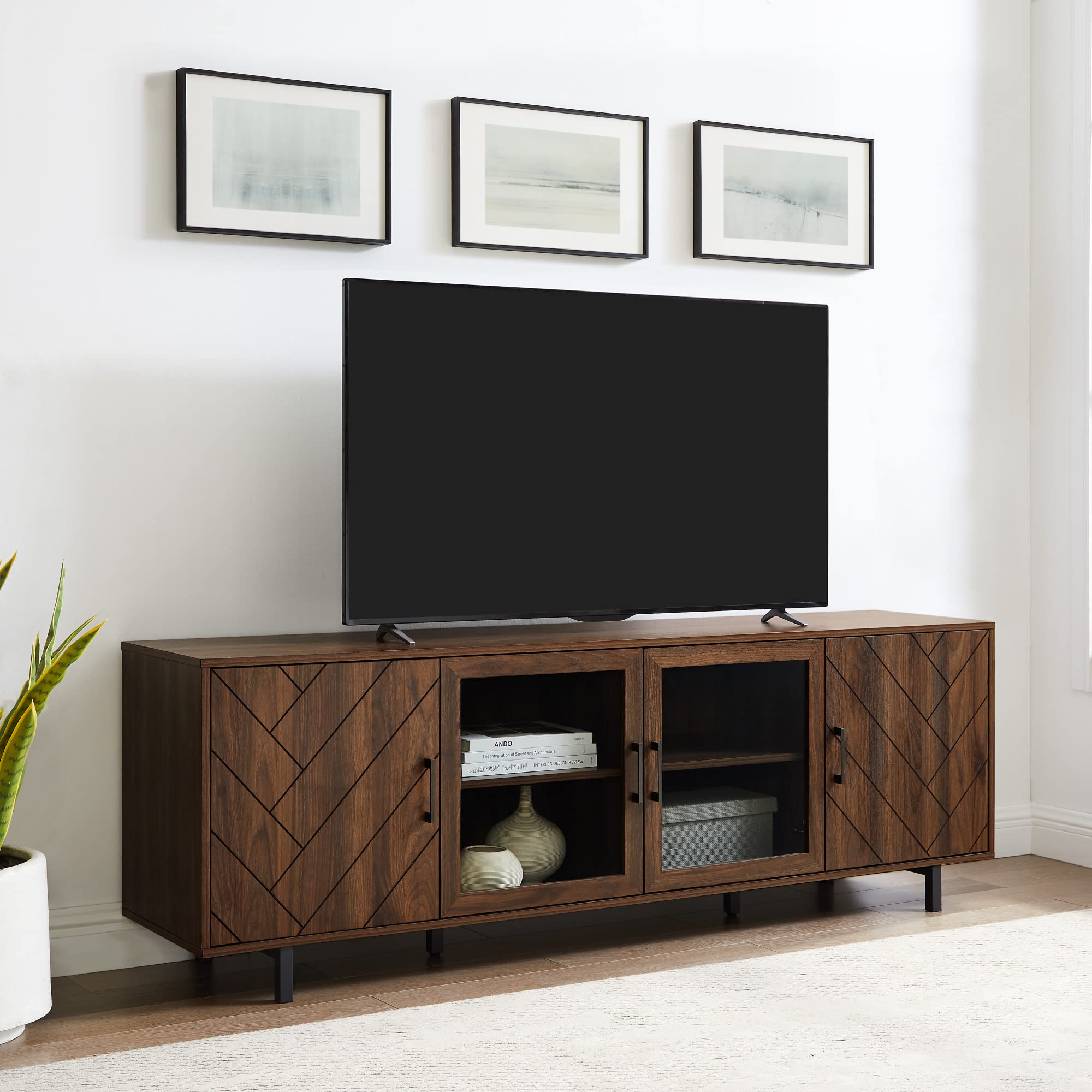 Walker Edison Harper Modern 4 Door Herringbone Stand for TVs up to 80 Inches, 70 Inch, Dark Walnut