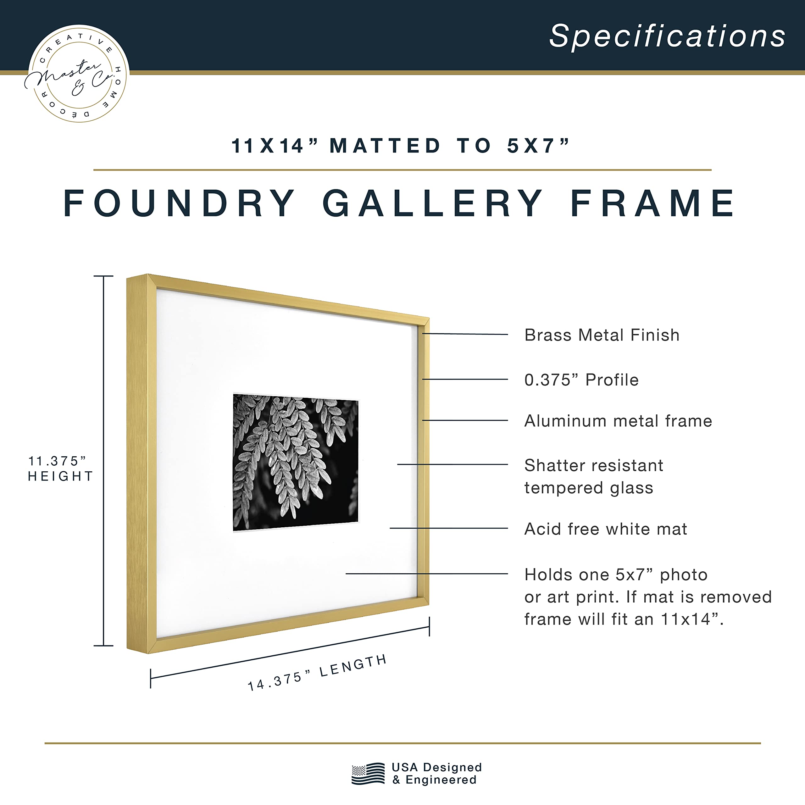 Mcs Master & Co. Foundry Metal Gallery Wall Frame, Brass, 11 X 14 In Matted To 5 X 7 In