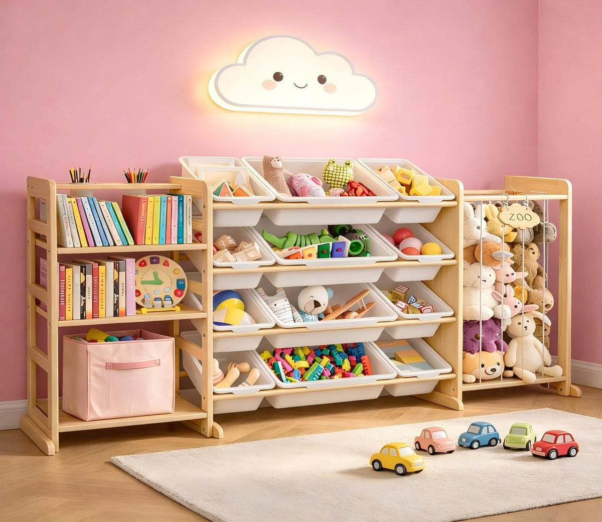 Yazzropt 65 Large Toy Storage Organizer with Bins Shelves & Stuffed Animal Storage for Kids Wood Toddler Playroom Organization 
