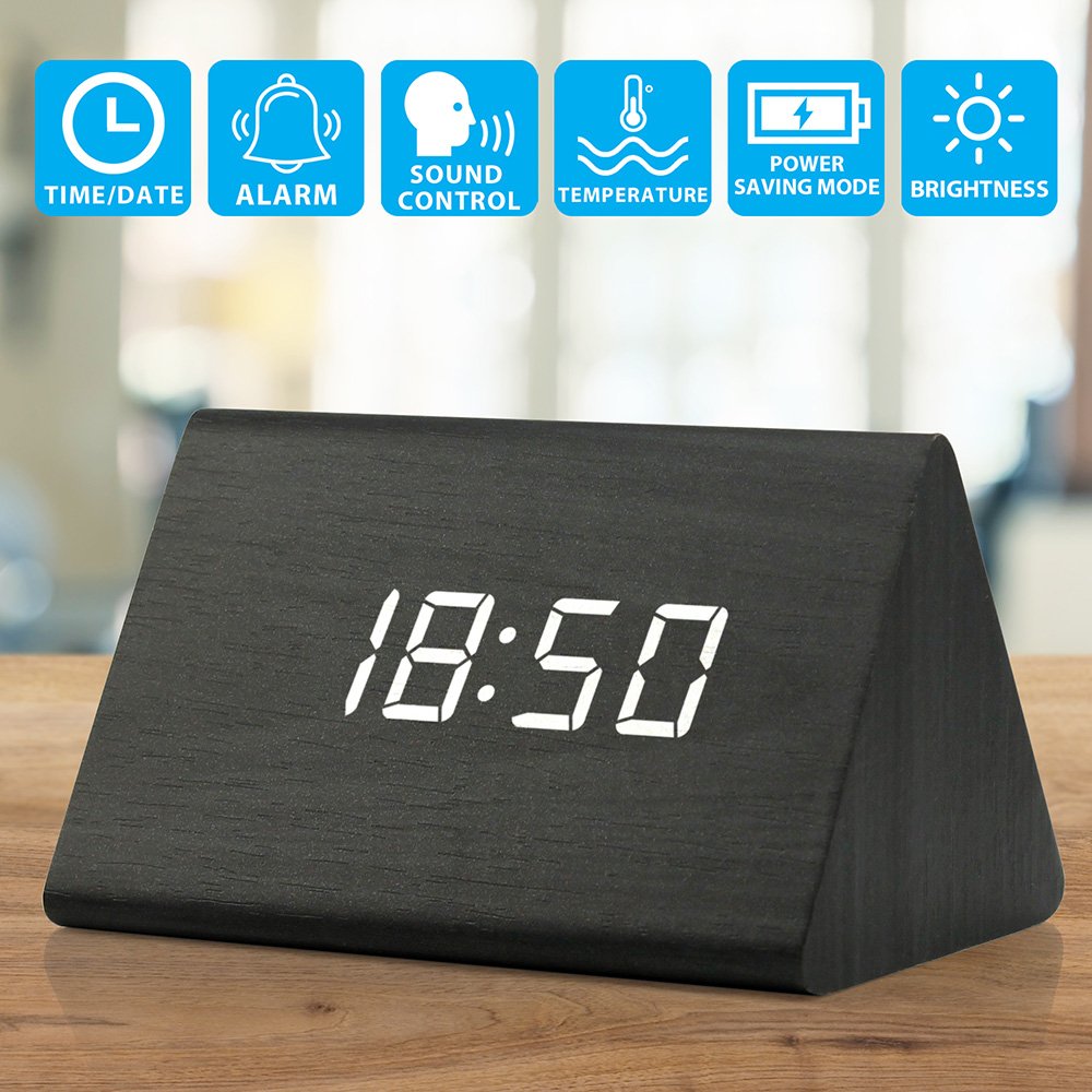 Gearonic Digital Alarm Clock Wooden Alarm Clock Wood Modern Triangle Alarm Digital Desk Clock, Displays Time Date Temperature Ca