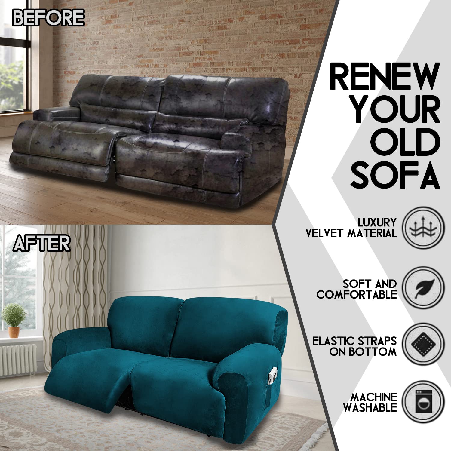 Ulticor Extra Wide 75'' - 100'', Reclining 2 Seater Sofa, Extra Wide Reclining Love Seat Slipcover, 6-Piece Velvet Stretch, Recl