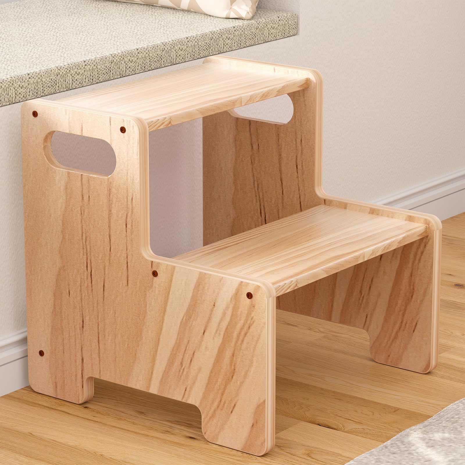 Wooden Step Stool,Two Step Stool for Kids,Supports 200 lbs Kids Toddler Stepping Stool Toilet/Kitchen/Bed Step Stool,Natural