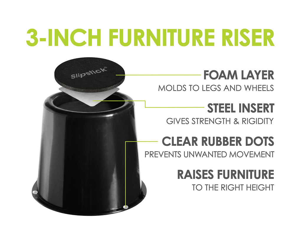 Slipstick Premium 3 Inch Bed Risers/Furniture Raisers With Steel Reinforced Holder Top, Lifts Height 3'' (6 Pack) Supports 3,960