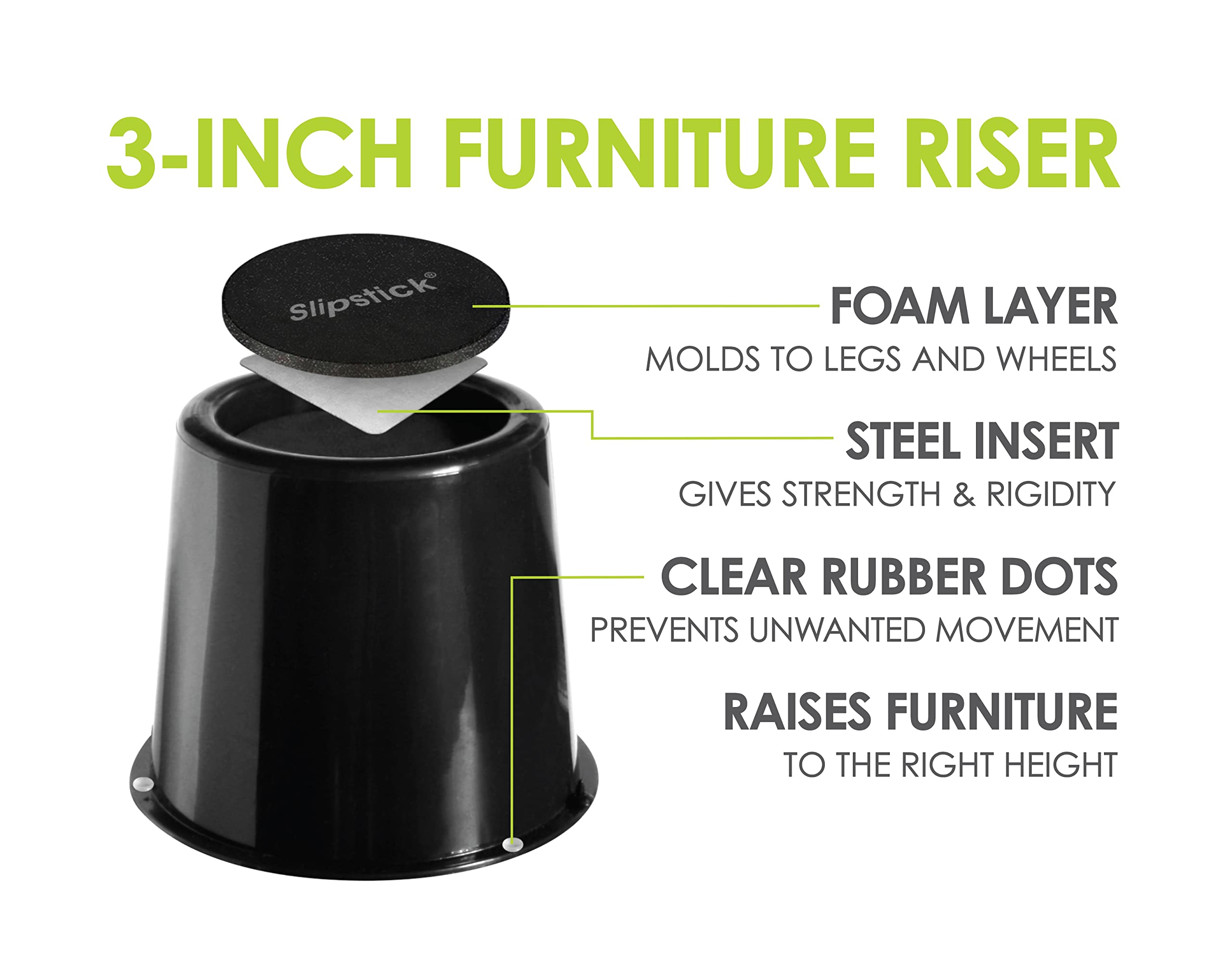 Slipstick Premium 3 Inch Bed Risers/Furniture Raisers With Steel Reinforced Holder Top, Lifts Height 3'' (6 Pack) Supports 3,960