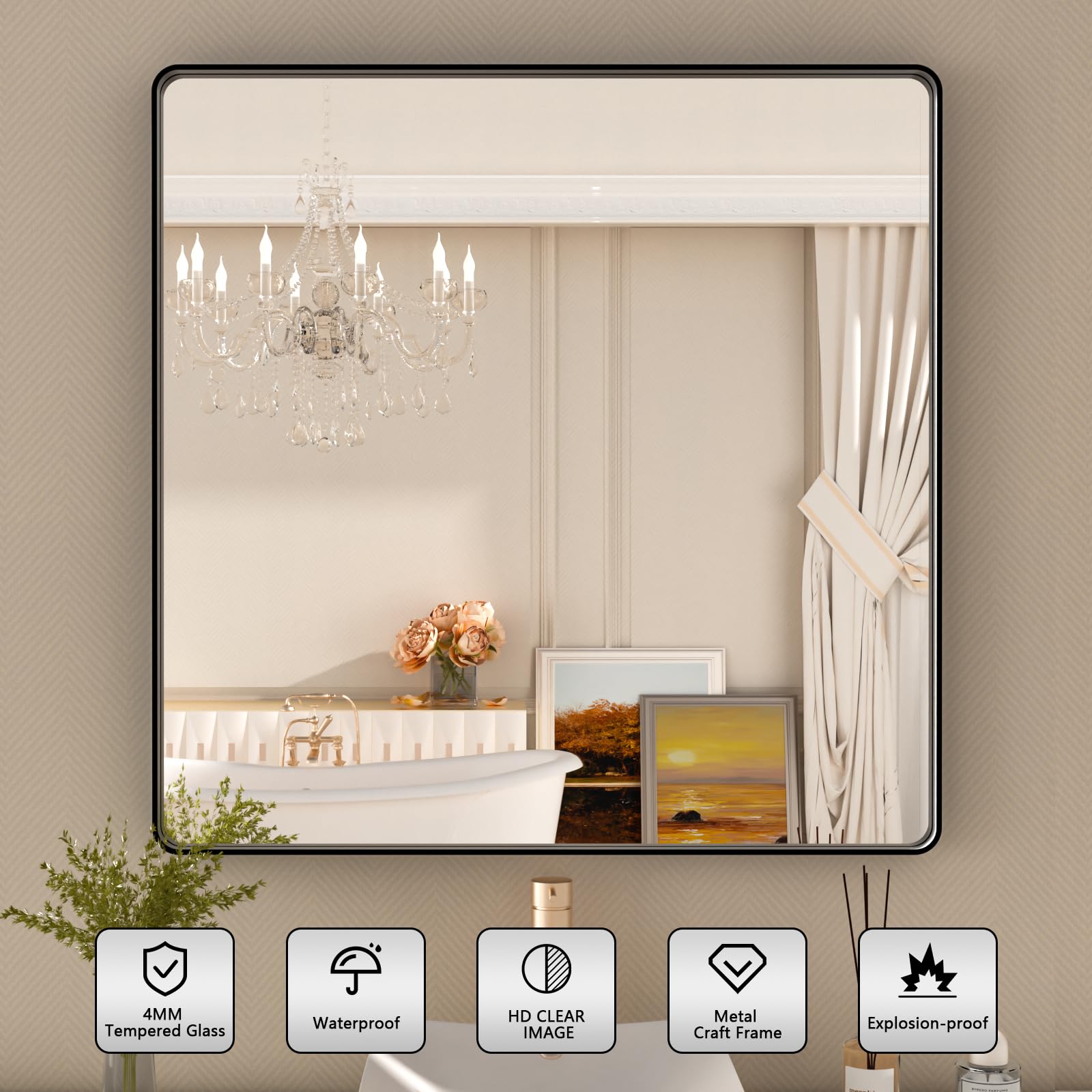 Istripmf Black Metal Framed Bathroom Mirror 38X38 Inch,Matte Black Vanity Mirror,Tempered Glass,Round Corner,Farmhouse,Decorativ