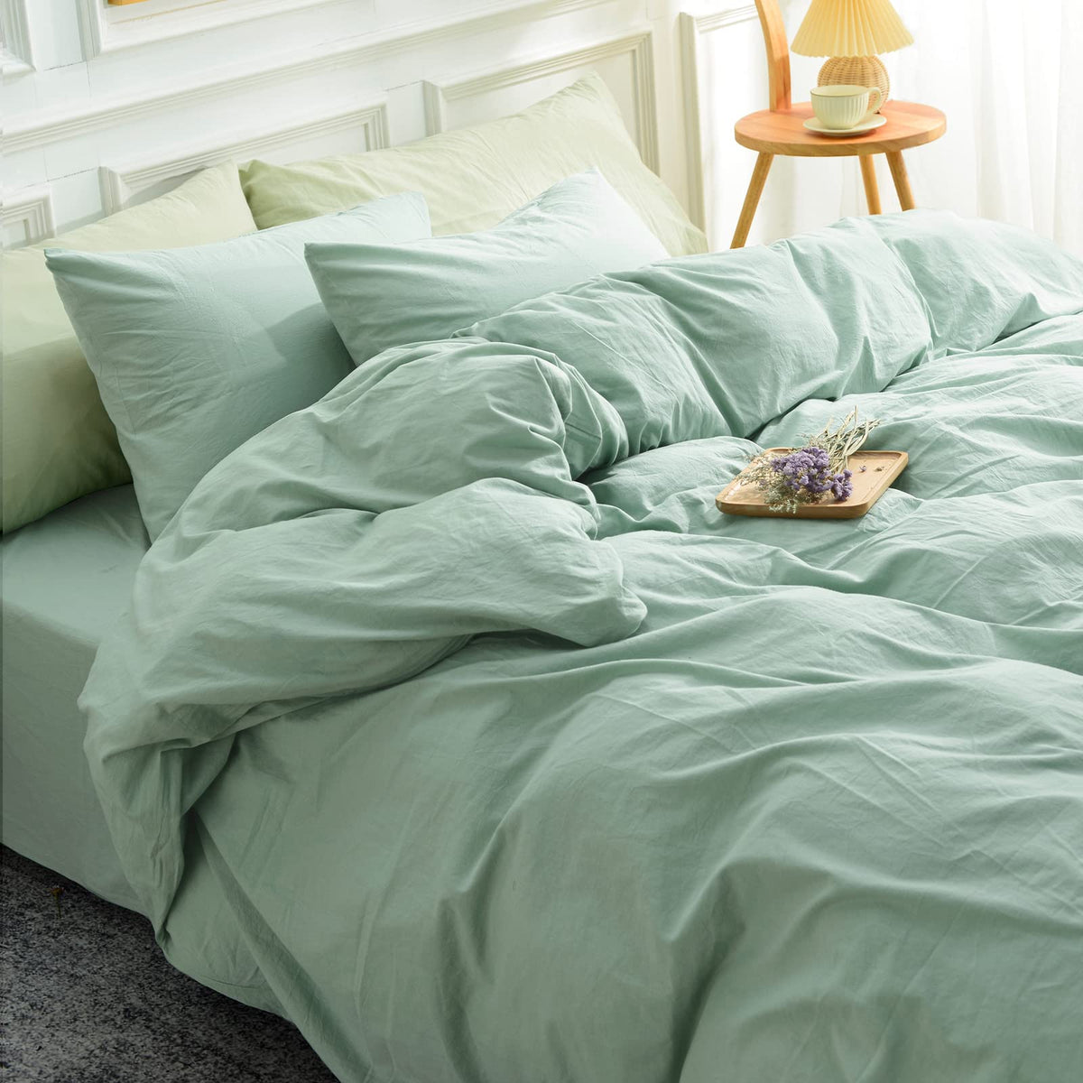 Nexhome Pro Green Duvet Cover Set Oversized Queen 98'X98' Linen Feel Textured Organic Natural 100% Washed Cotton Duvet Cover 3 Pieces Bedding Set Zipper Closure, Breathable, Soft (No Comforter)