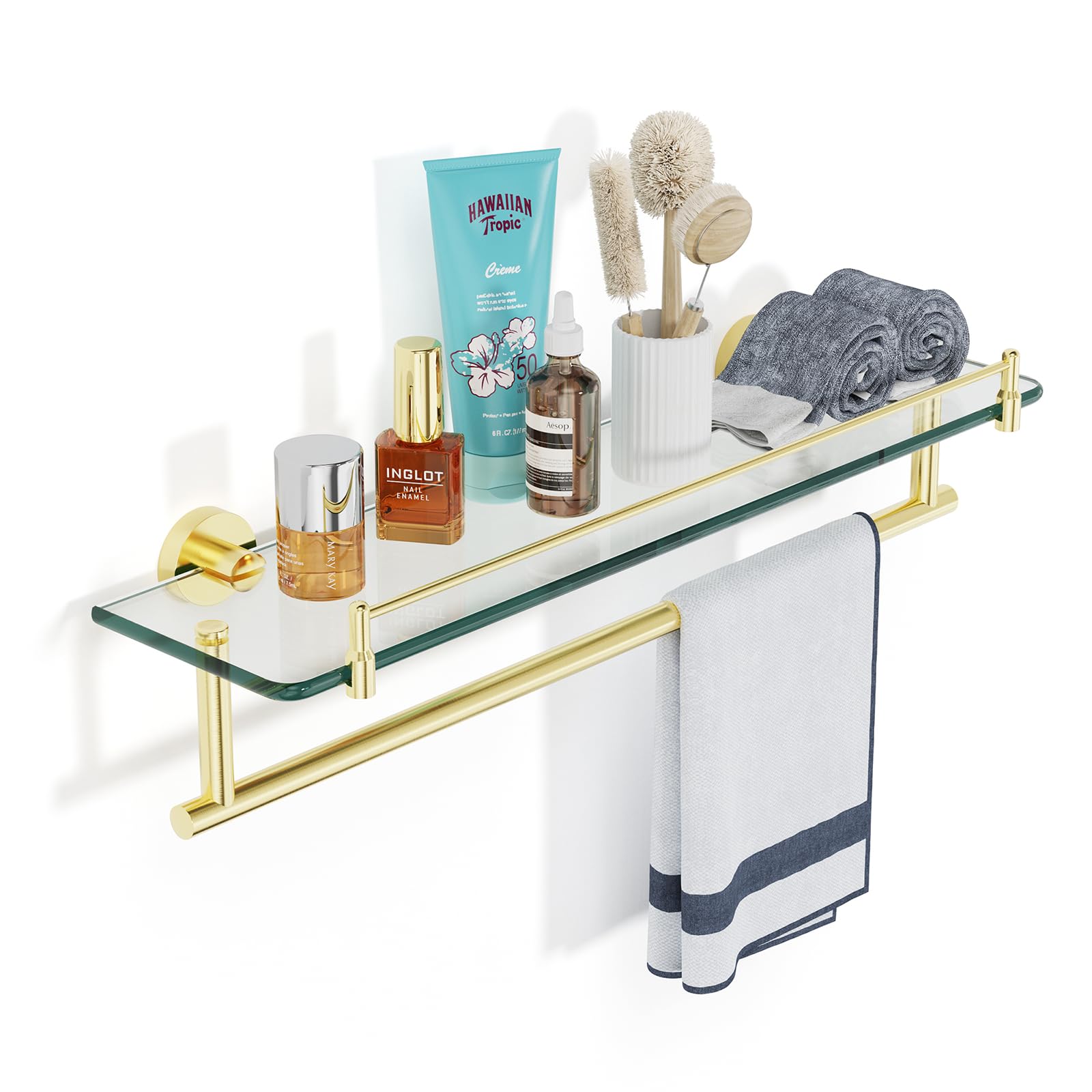KOCOK Glass Shelf for Bathroom with Towel Bar,20-Inch Brushed Gold Floating Glass Shelves with Towel Rack Rectangular Stainless 