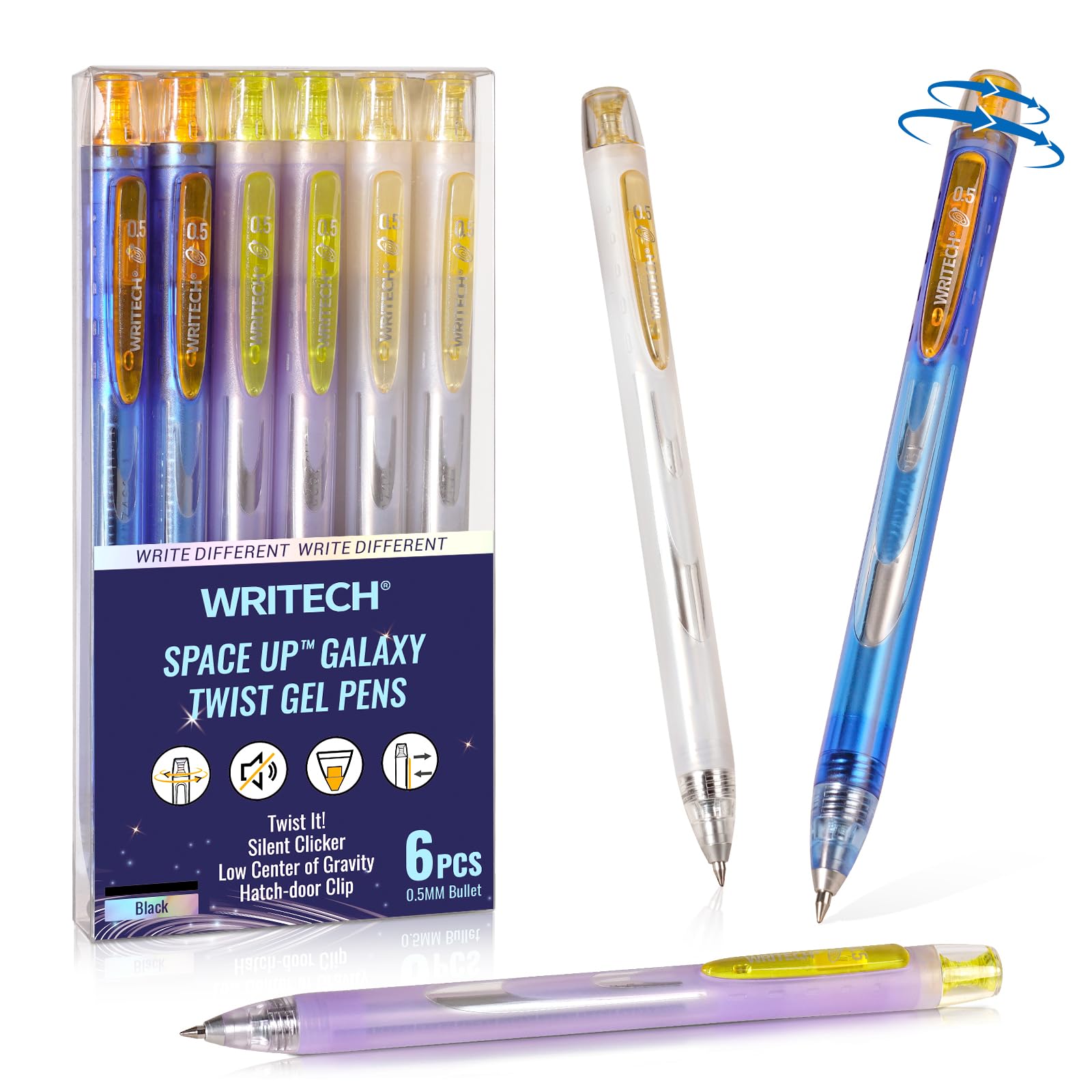 Writech Twist Gel Ink Pens: Fine Point 0.5Mm Black Ink 6Ct Low Center Of Gravity Rotatable Pen No Smear Silent Click Space Up Ge