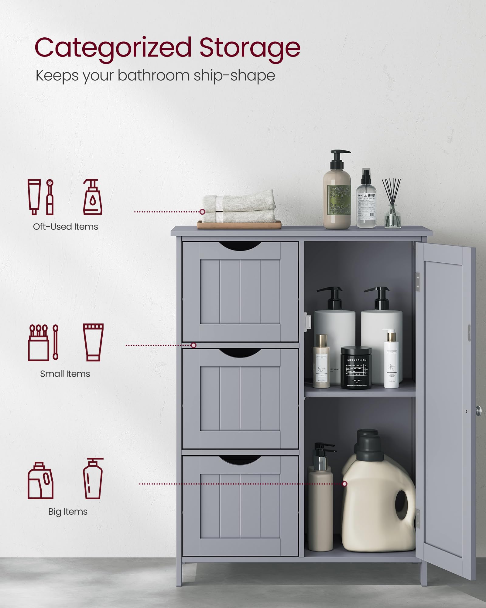 Vasagle Bathroom Floor Storage Cabinet, Bathroom Storage Unit With 3 Drawers, 1 Adjustable Shelf, Bathroom Cabinet Freestanding, 11.8 X 23.6 X 31.5 Inches, Dove Gray Ubbc049G02
