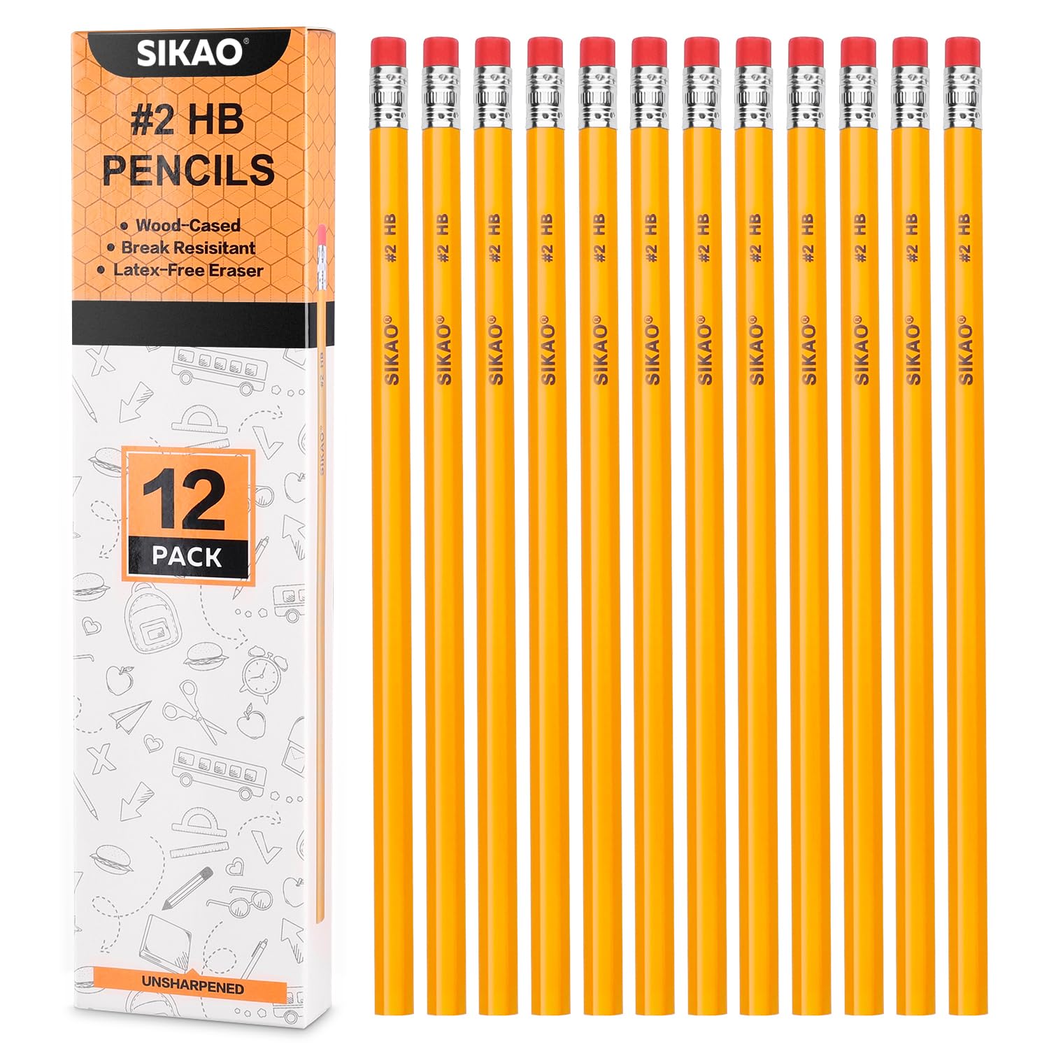 Sikao Pencils 12Pack Pencils #2, Number 2 Pencils Bulk, Wood Pencils For Kids Sketching Drawing, Yellow Hb No 2 Pencils With Era