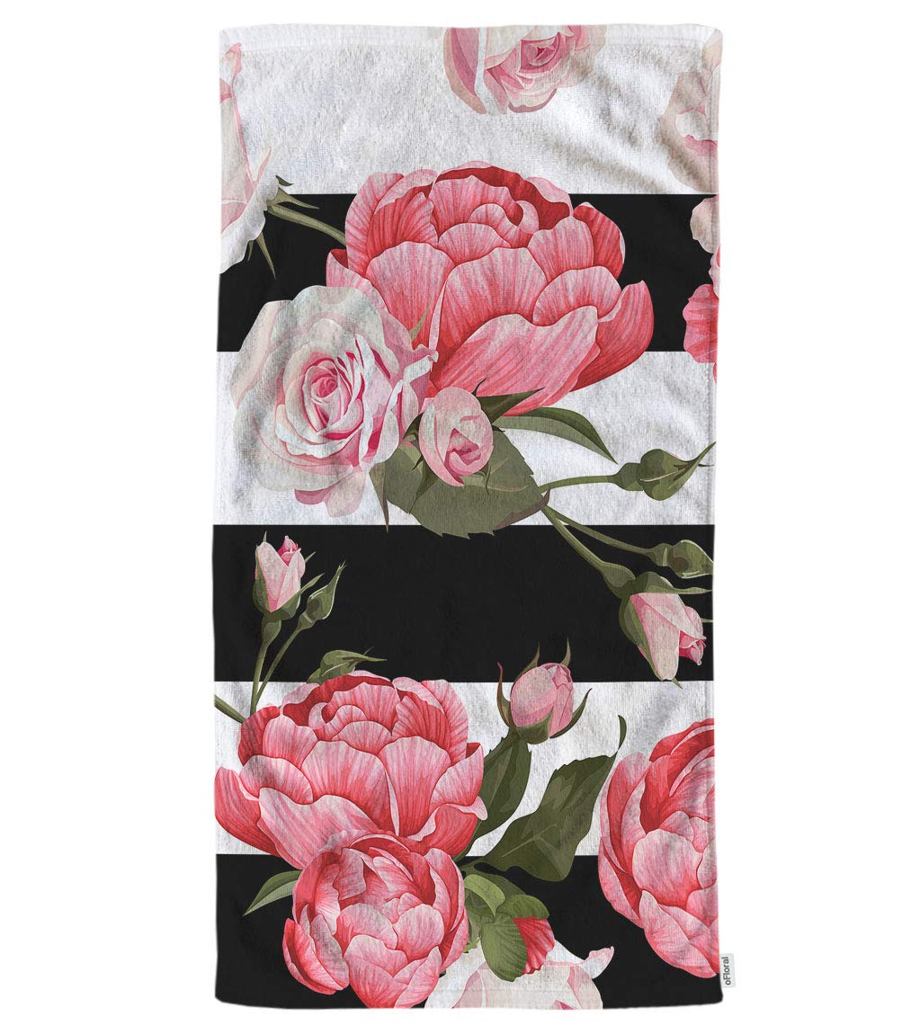 oFloral Peony and Rose Floral Hand Towels Cotton Washcloths,Pink Flower Green Leaves with Black White Stripes Soft Towels for Ba