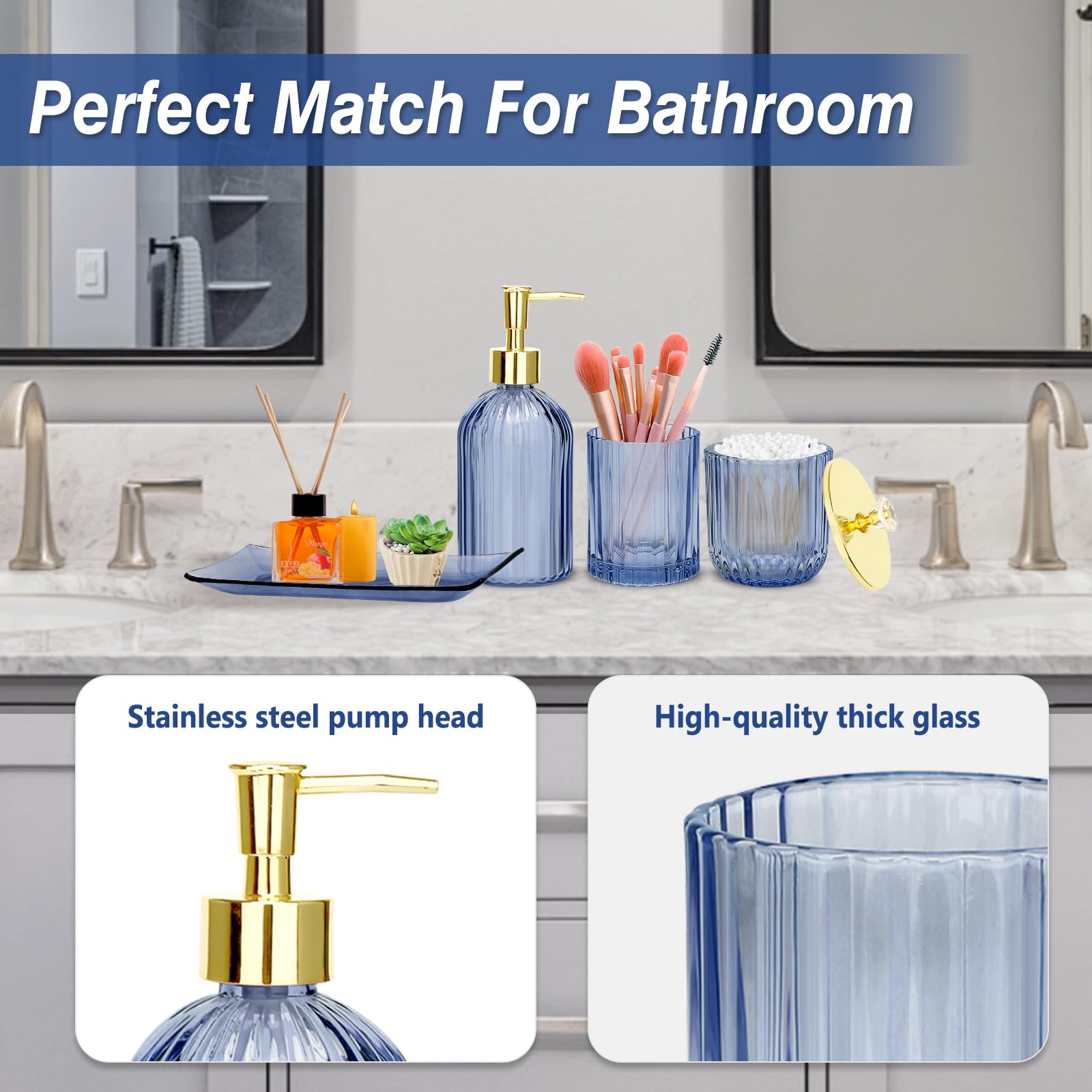 Jenseits Blue Bathroom Accessories, 4 Pcs Glass Bathroom Set Complete Includes Soap Dispenser, Toothbrush Holder, Apothecary Jar