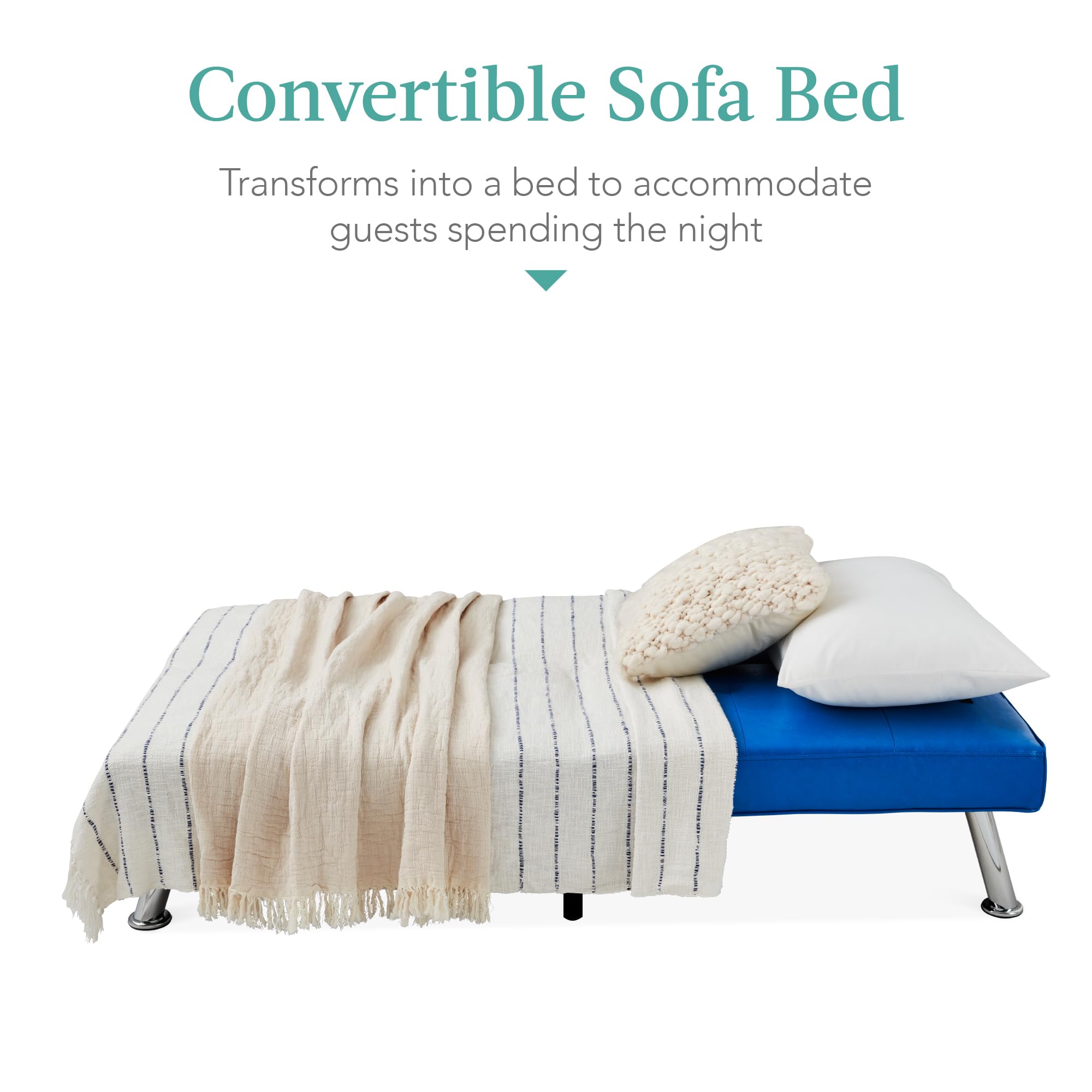 Best Choice Products Faux Leather Upholstered Modern Convertible Futon, Adjustable Folding Sofa Bed, Guest Bed W/Removable Armrests - Royal Blue