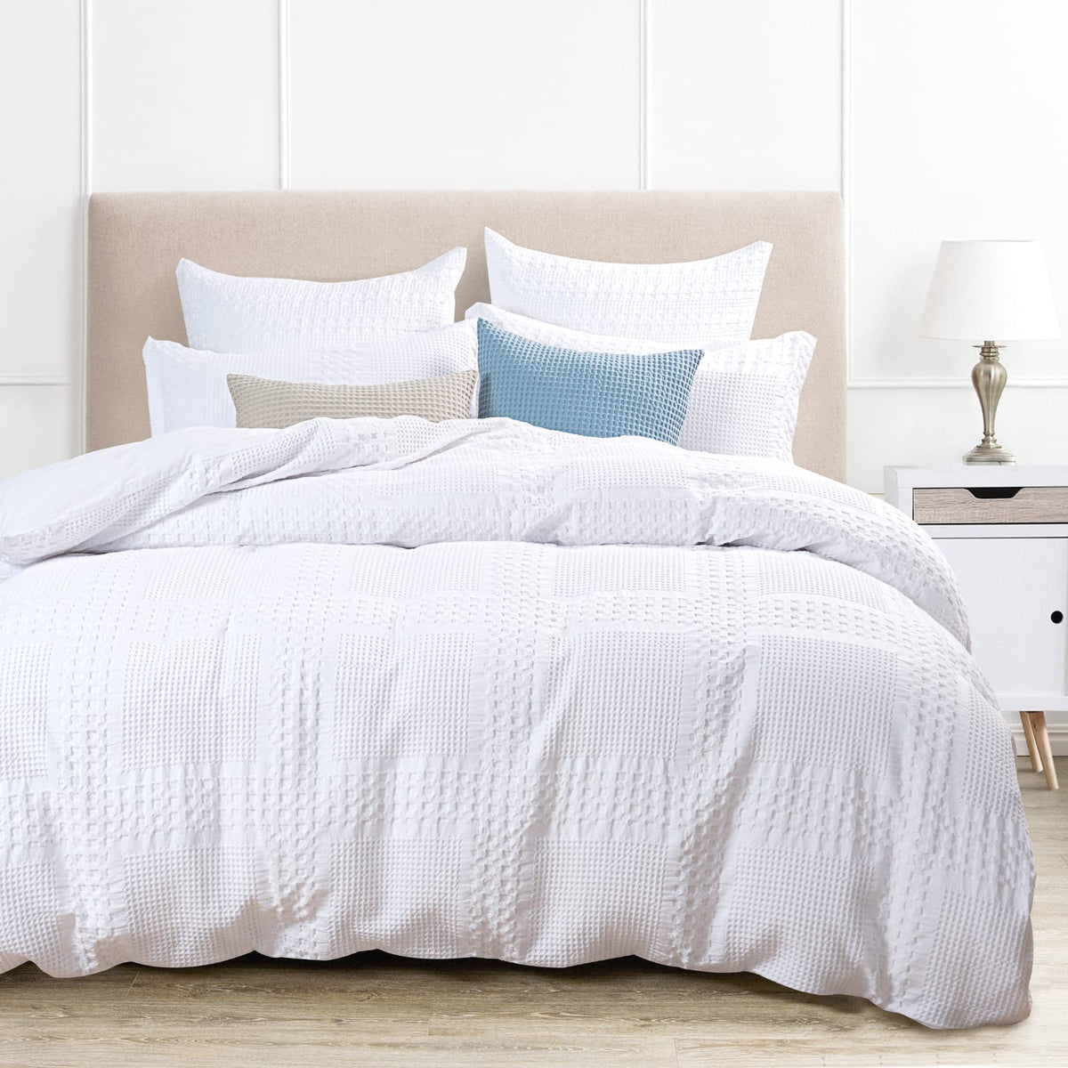 Phf 100% Cotton Duvet Cover Queen Size, Waffle Weave Duvet Cover Set For All Season, Pre-Washed Soft Decorative Textured Duvet C