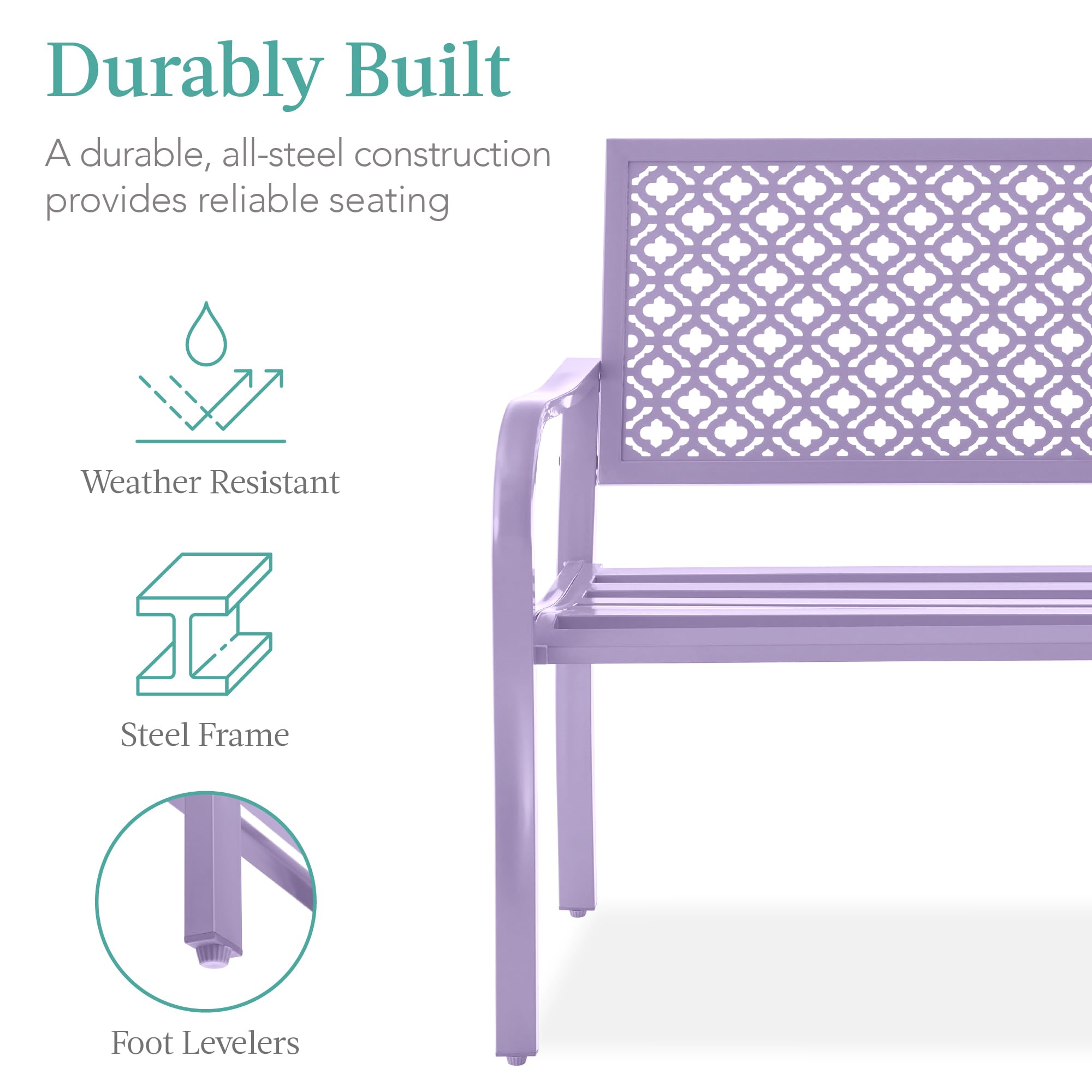Best Choice Products Outdoor Bench 2-Person Metal Steel Benches Furniture For Garden, Patio, Porch, Entryway W/Geometric Backrest, 790Lb Capacity - Lavender
