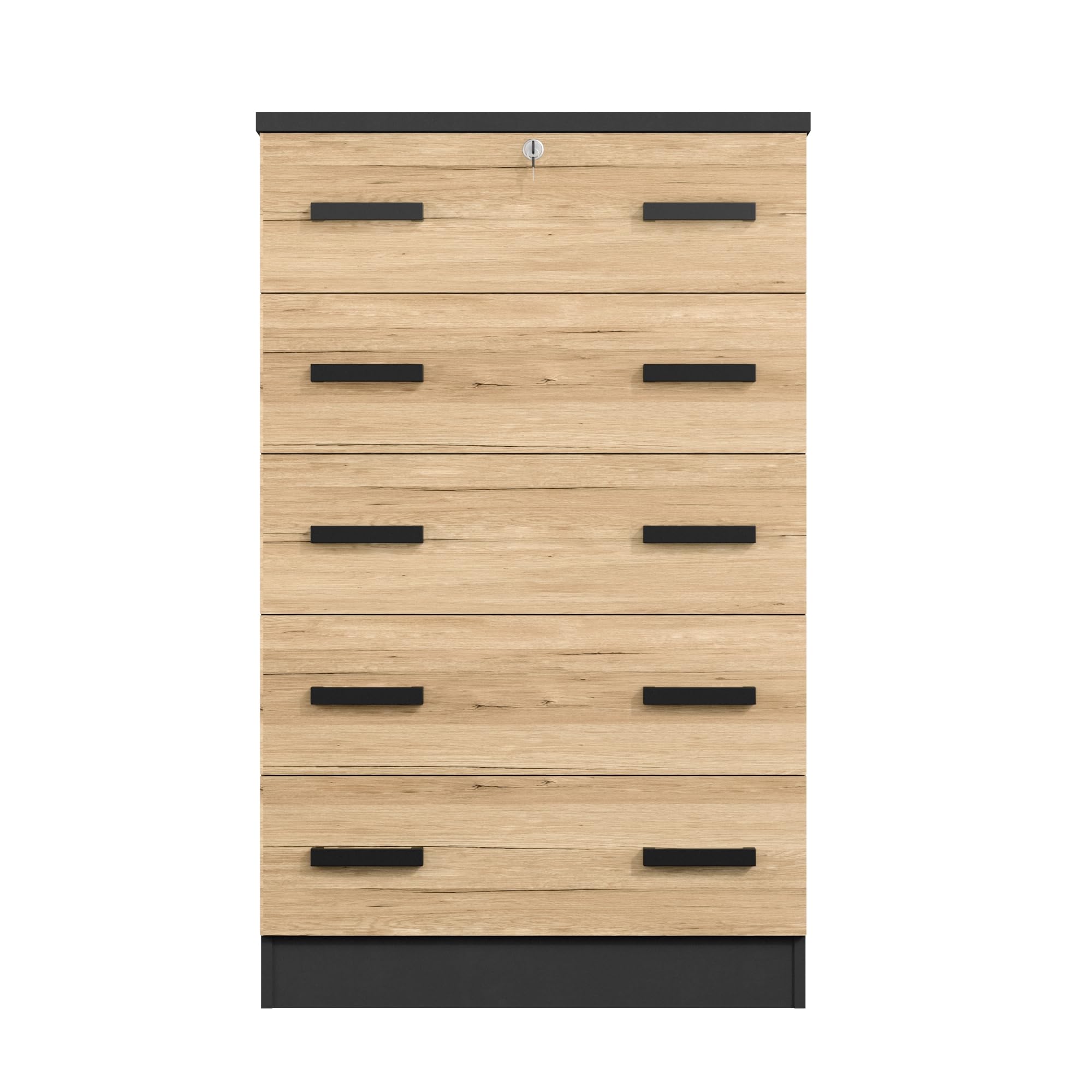 Cindy 5 Drawer Chest Wooden Dresser with Lock (Dark Grey & Natural Oak)