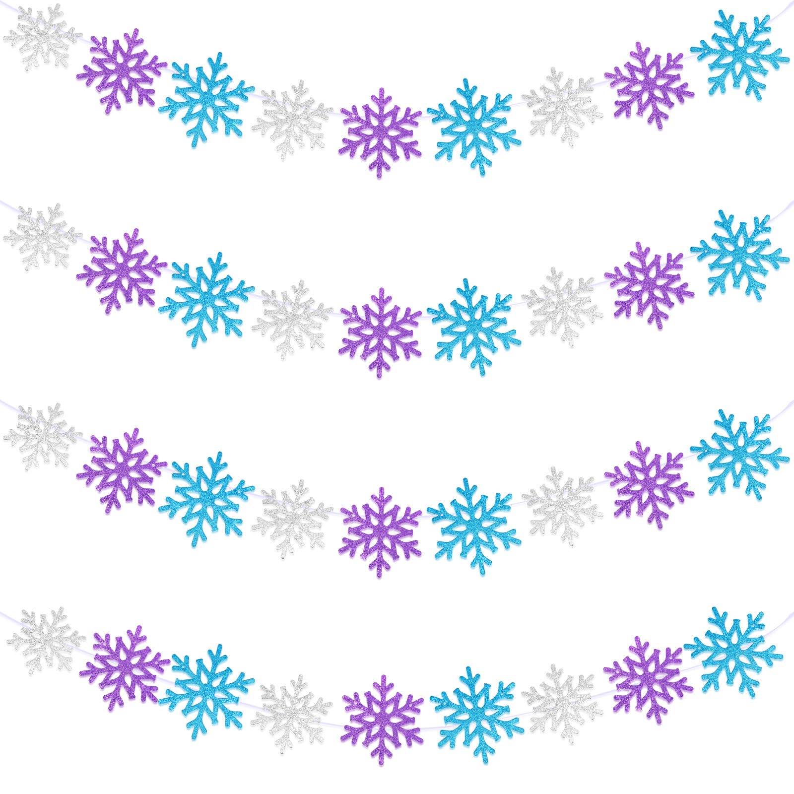 Yeaqee 4 Pcs 10.33 ft Snowflake Banner Garland White Blue Purple Glitter Hanging Garland Winter Party Decorations for Christmas 