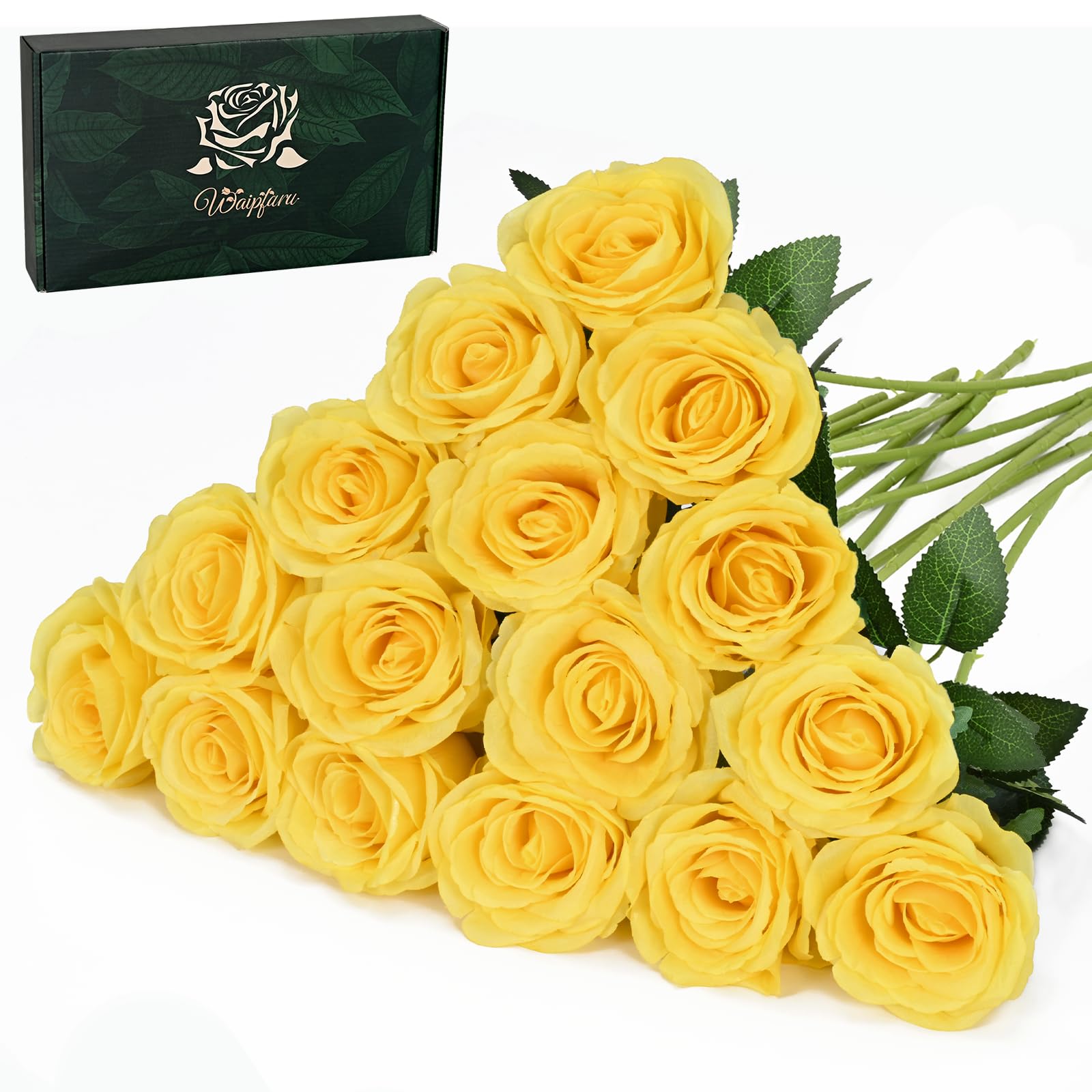 Waipfaru 16 Pcs Mothers Day Fake Roses, Silk Yellow Roses Artificial Flowers with Long Stems for Valentines Day Wedding Bouquet 