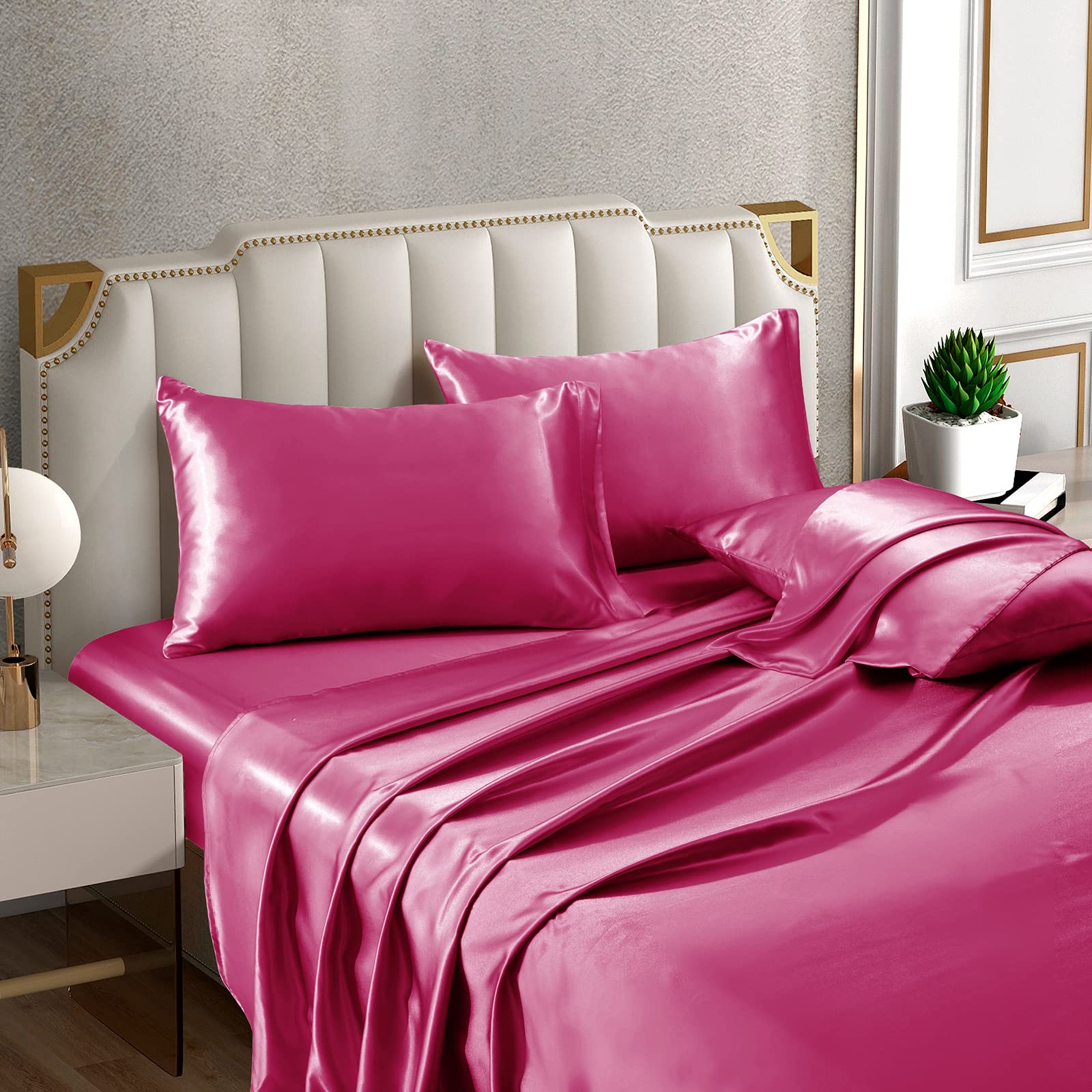 Horbaunal 6 Piece Satin Sheet Set Queen Size Luxury Silky & Soft Hot Pink Satin Queen Bed Sheet Set With 16'' Deep Pocket, 1 Fit