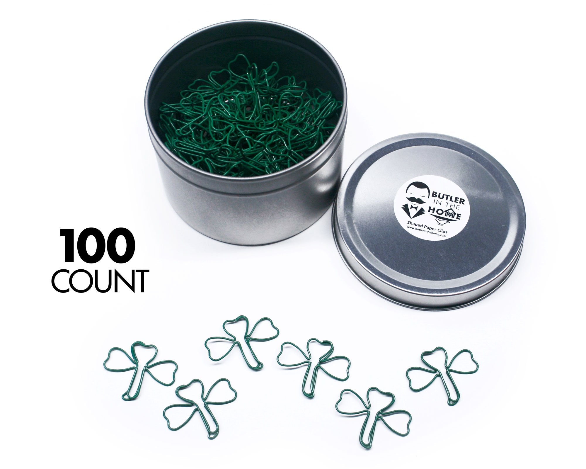 Butler In The Home Shamrock Clover Shaped Paper Clips Great For Paper Clip Collectors Or Office Gift - Comes In Round Tin With L