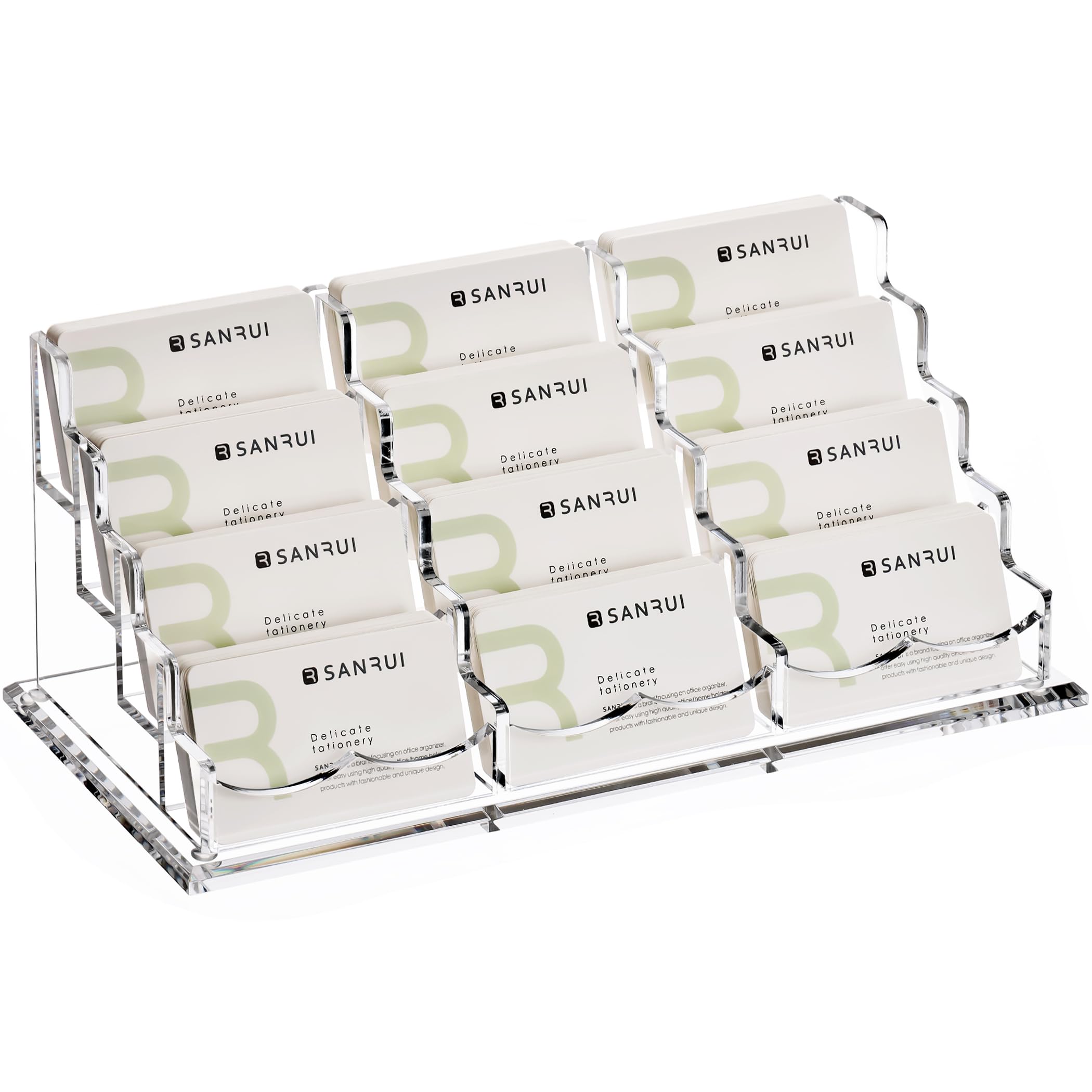 Yuxun Business Card Holder Display For Desk, Clear Acrylic Cards Stand For Women And Men 12 Slots 4 Tier 1 Pack (12Slots)