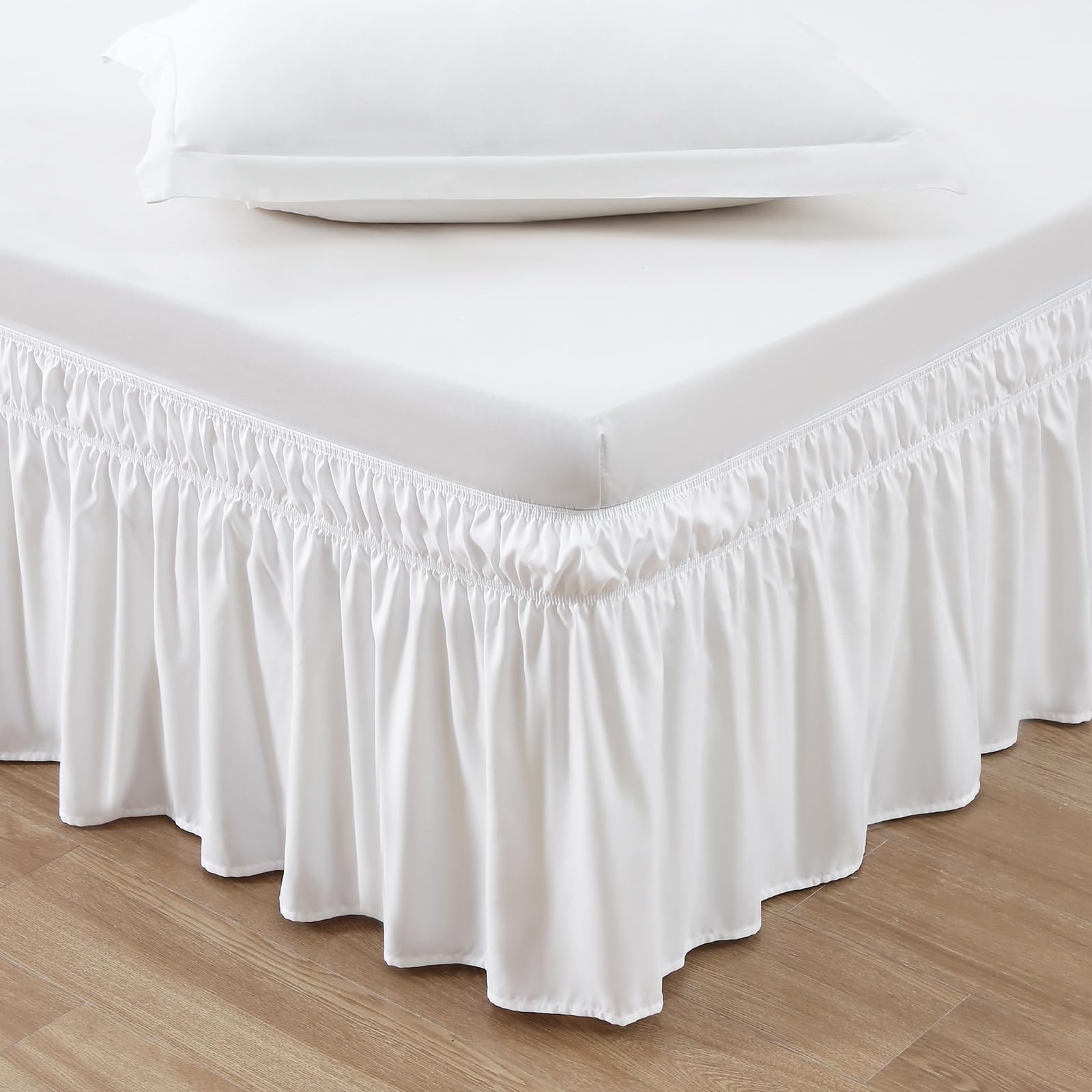 Meila Wrap Around Bed Skirt Three Fabric Sides Elastic Dust Ruffled 14 Inch Tailored Drop,Easy To Install Fade Resistant-Natural