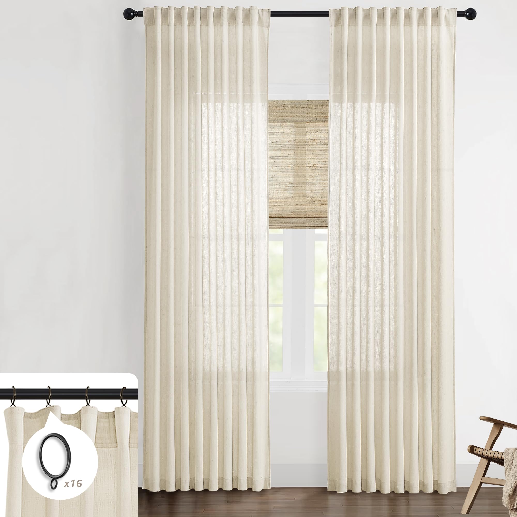 Shineland 96 Inches Long Beige Curtains 2 Panel Set,Sheer Linen French Country Burlap Textured Floor To Ceiling Length Curtains For Living Room,Cortinas Para Sala Modernas 2024 Cuarto Elegantes