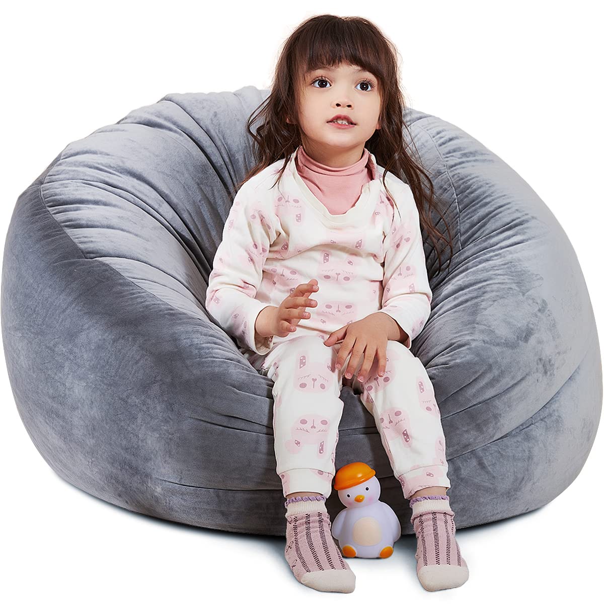 Bean Bag Chair Cover, Stuffed Animal Storage, Plush Toys Organizer Holder, Beanbag Chairs Cover For Kids Teans And Adults Super Soft And Comfortable Fabric X-Large With Handle And Zipper -Round Grey