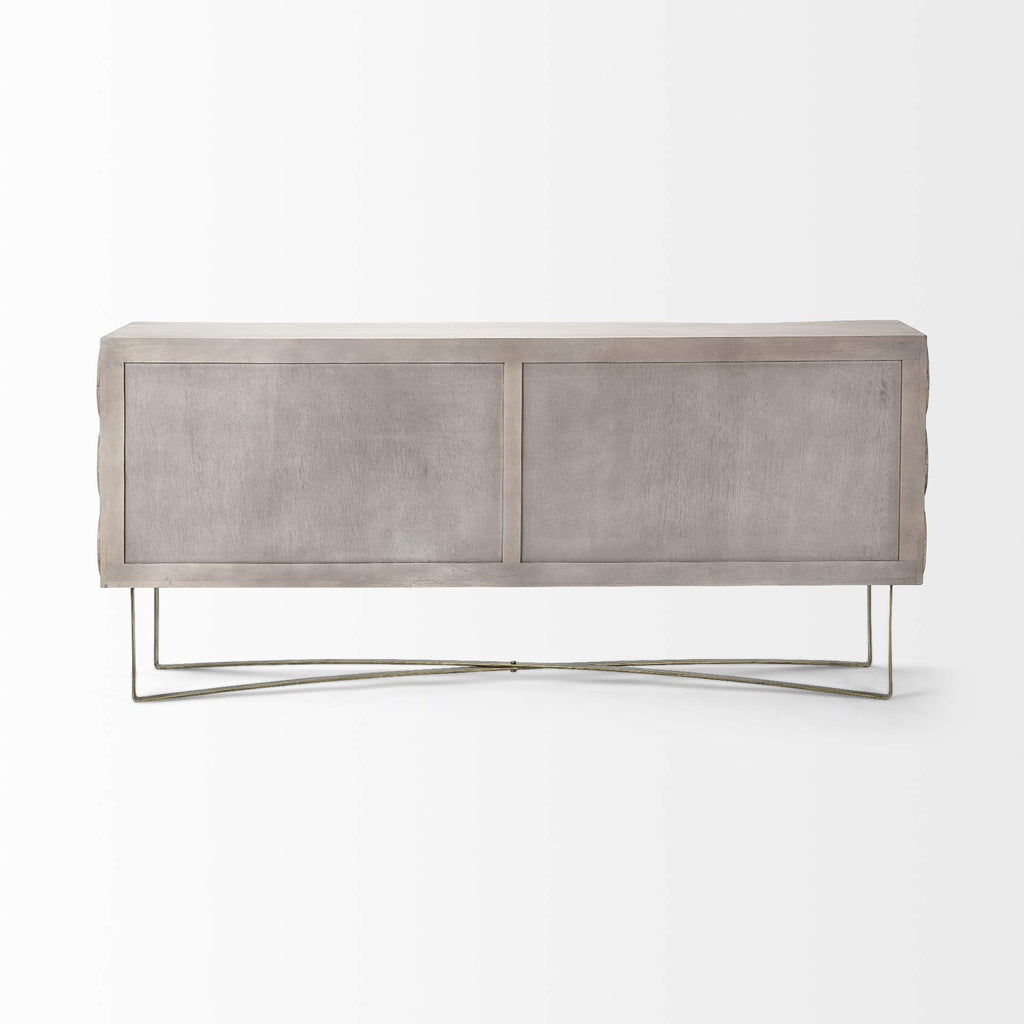 HomeRoots Light Brown, Antiqued Gold Wood, Metal Light Brown Solid Mango Wood Finish Sideboard with 4 Cabinet Doors