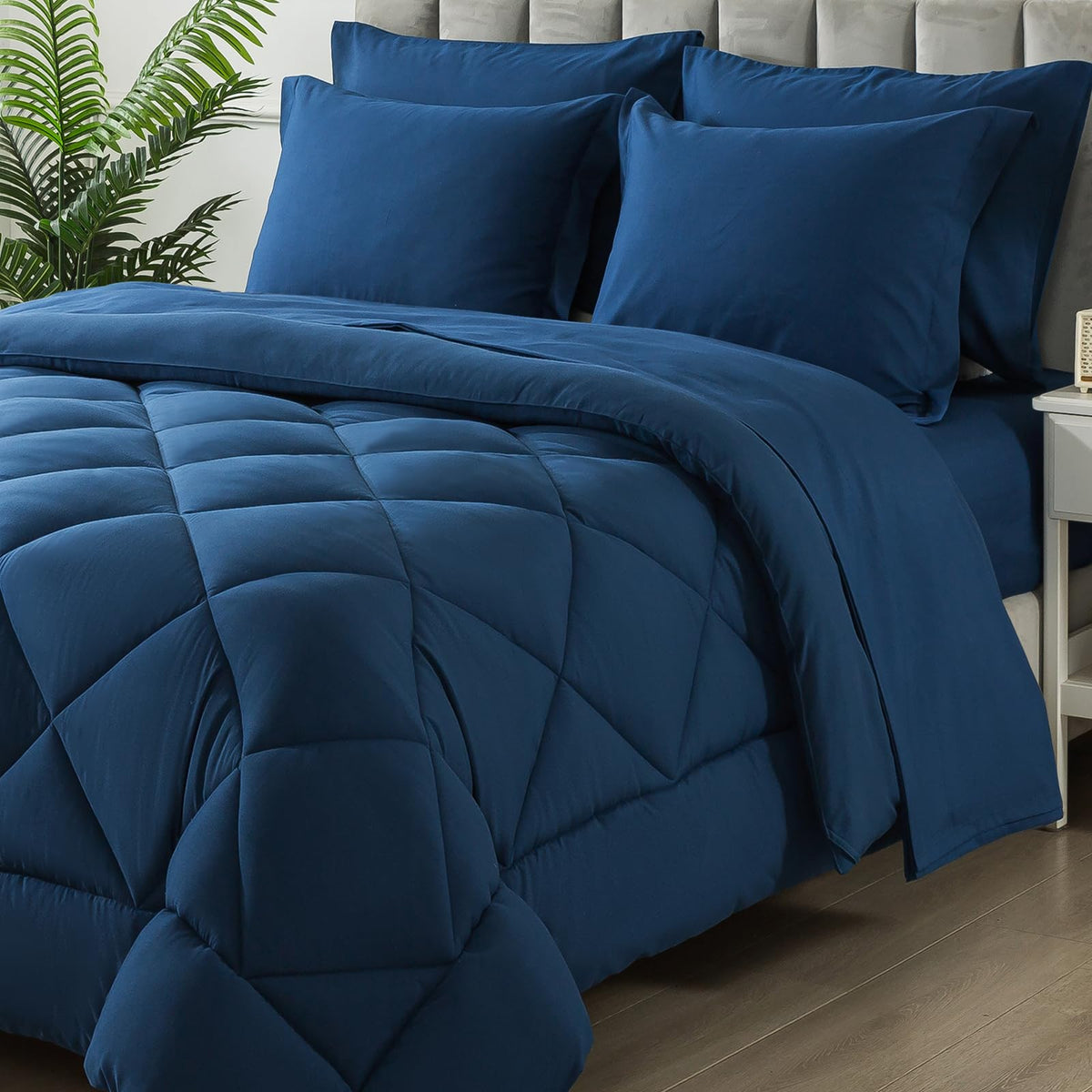 Samebed King Size Comforter Set, 7 Pieces Bed In A Bag, Bedding Sets With All Season Soft Quilted Lightweight Comforter, Flat Sh