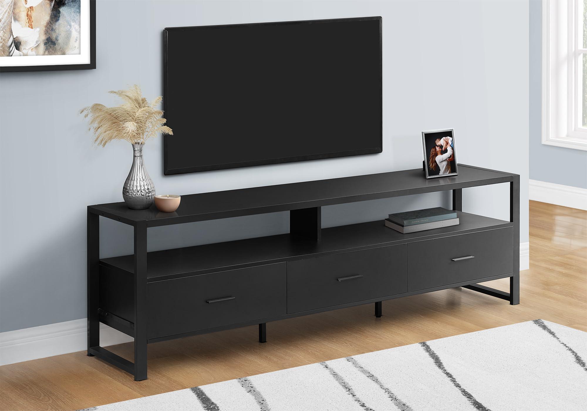 Monarch Specialties I 2845 Tv Stand, 72 Inch, Media Entertainment Center, Black, Black Metal, Contemporary, Modern